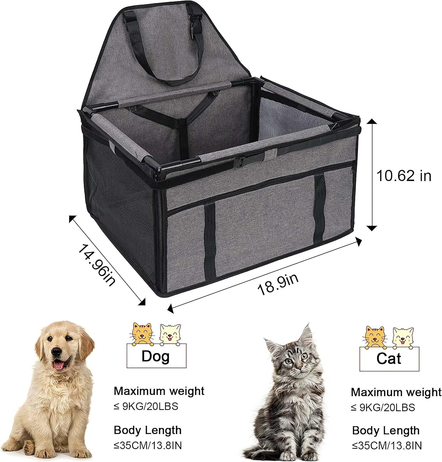 Asientos de automóvil para perros medianos de 20 libras, asiento elevador plegable para perros pequeños a medianos