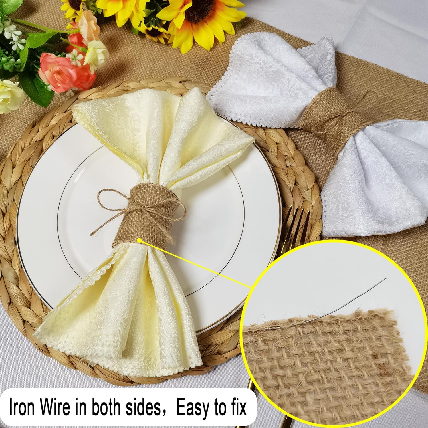 Juego de 100 servilleteros de arpillera natural con cuerda de yute, servilletas desechables a granel, anillo rústico para mesas, decoraciones,