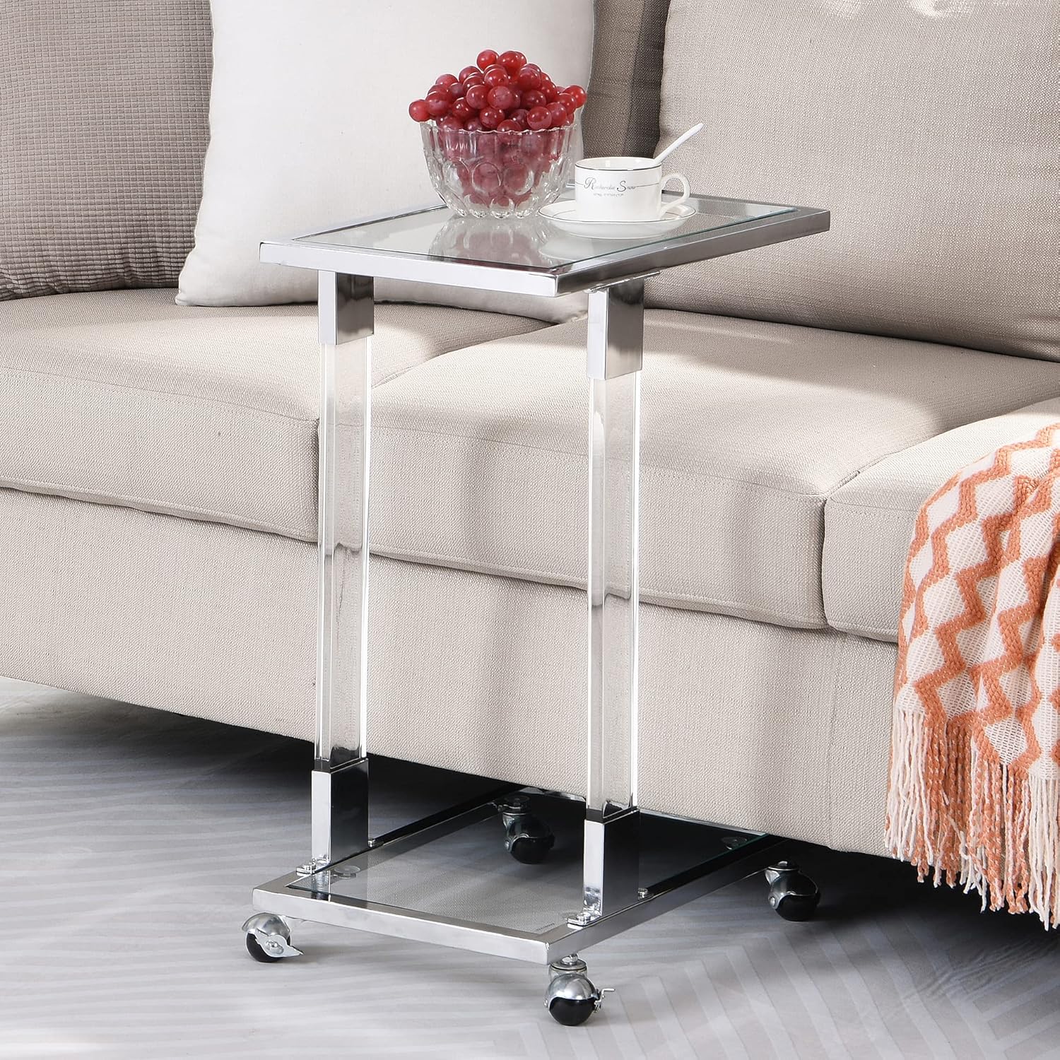 Mesa auxiliar móvil de vidrio acrílico, mesa auxiliar con ruedas, mesa auxiliar de sofá en forma de C sobre la cama, mesa de noche rodante, mesa de