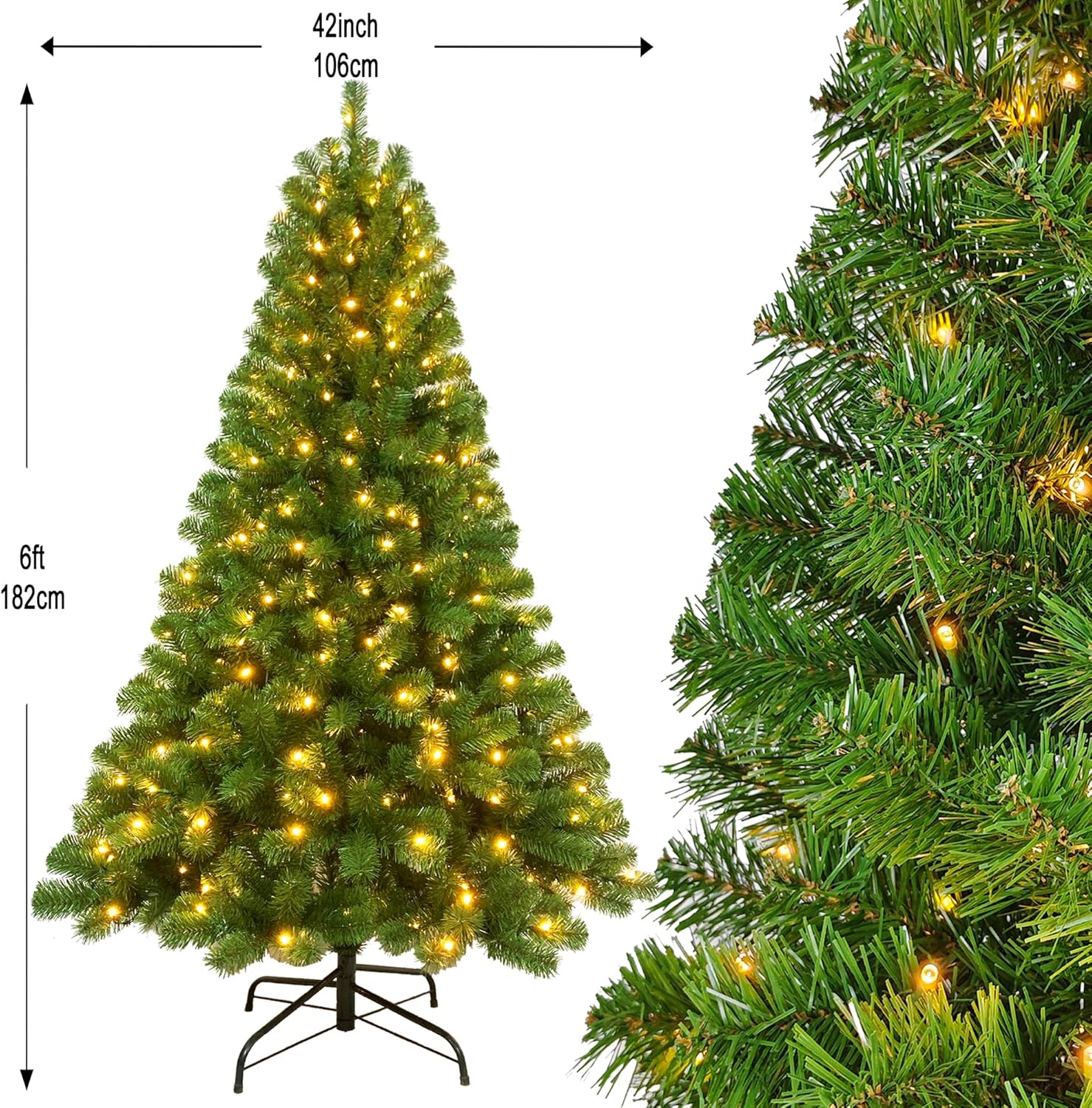 Árbol de Navidad artificial de hoja perenne preiluminado de 6 pies, 679 puntas de ramas exuberantes con 300 luces LED blancas cálidas radiantes,