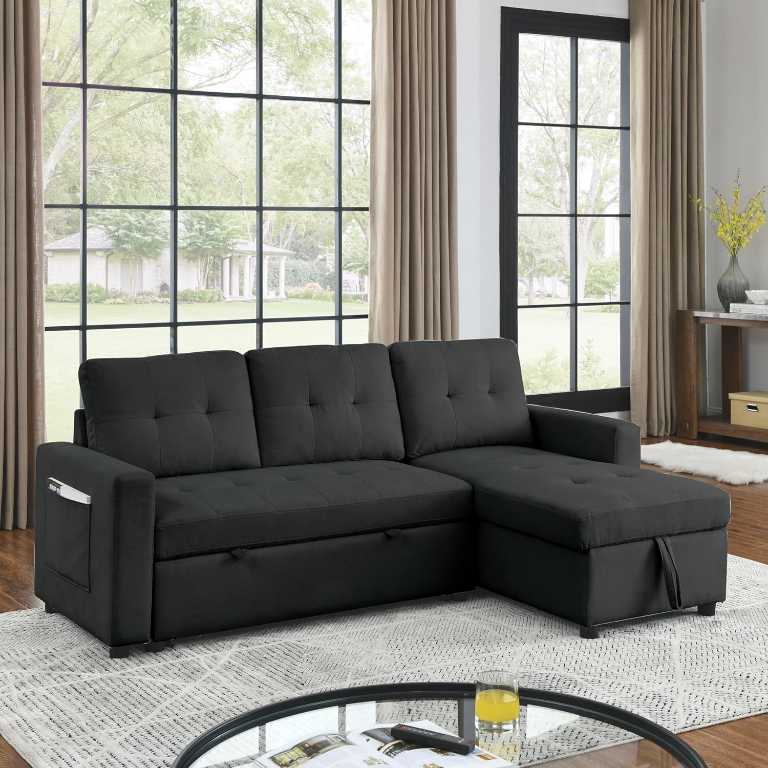 Ucloveria Sofá cama modular reversible para sala de estar en forma de L, sofá futón 2 en 1 con bolsa de almacenamiento lateral, negro, negro, 78.5
