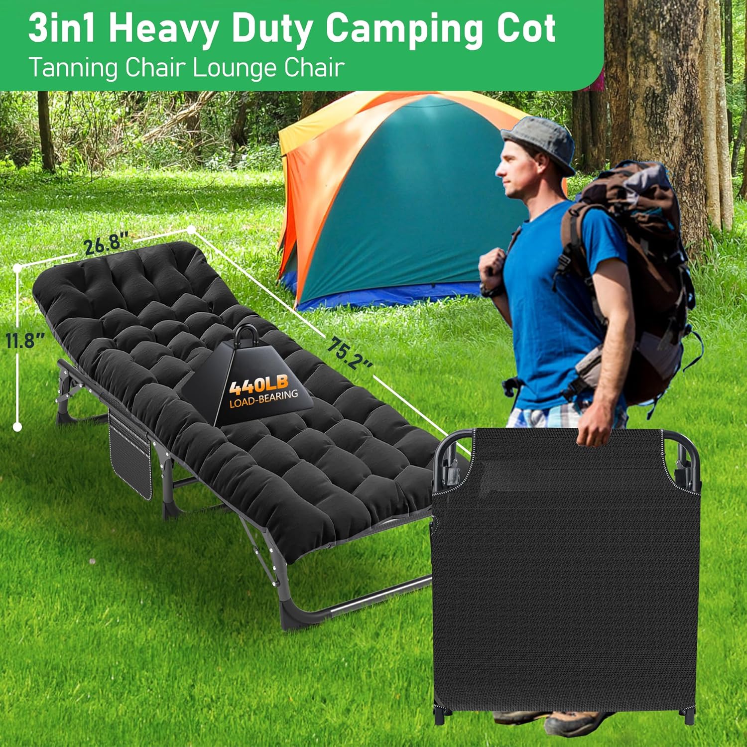 ABORON Paquete de 2 catres plegables de camping para adultos, cama resistente 3 en 1 para dormir de invitados, ajustable de doble capa 1200D con