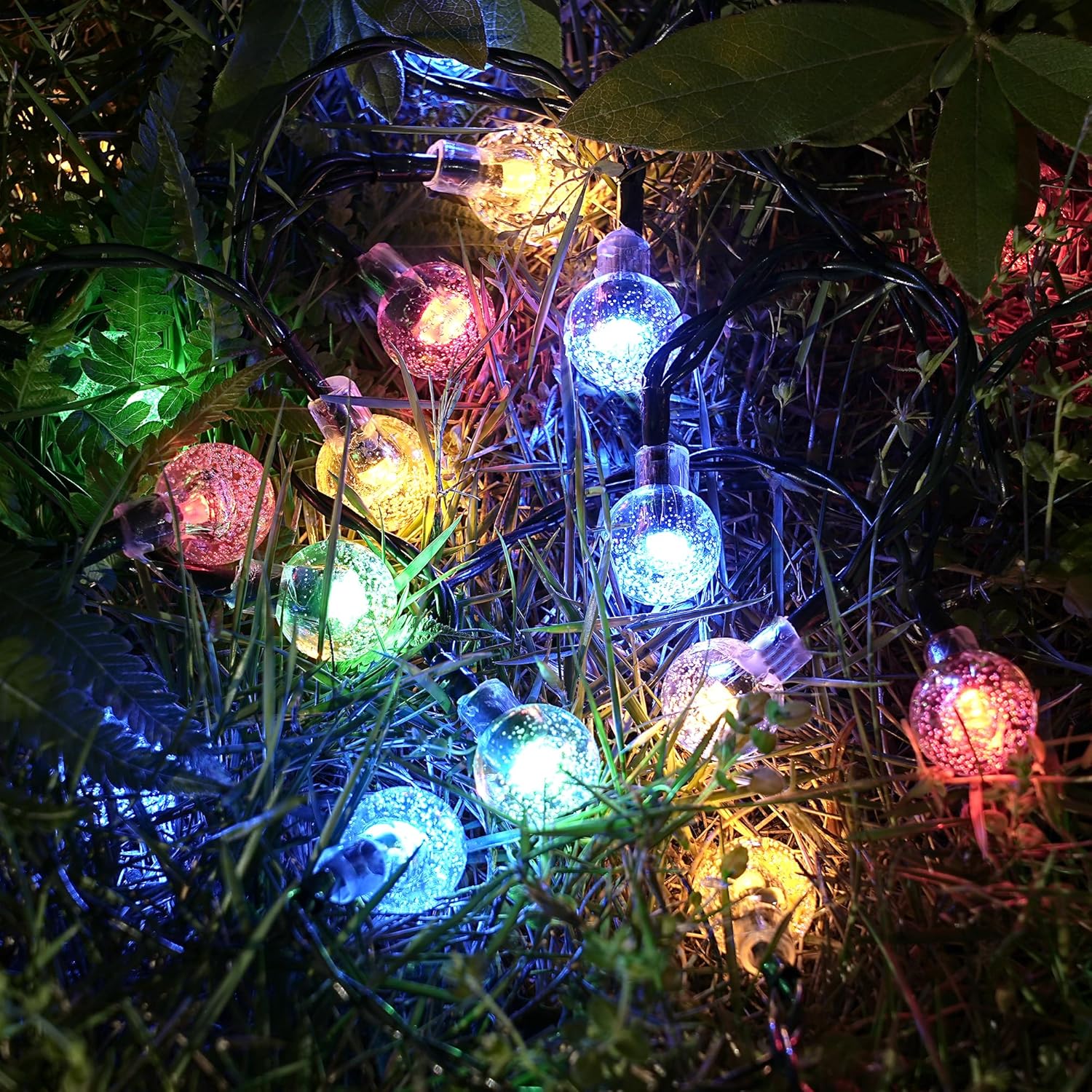 Guirnalda de luces solares para exteriores, 100 luces LED de 40 pies de globo de cristal multicolor, 8 modos, luces solares impermeables, para