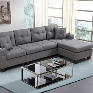 Sofá modular moderno en forma de L, sofá tapizado de tela con diván reversible y 2 portavasos, para sala de estar pequeña, color gris Sofá modular moderno en forma de L, sofá tapizado de tela con diván reversible y 2 portavasos, para sala de estar pequeña, color gris