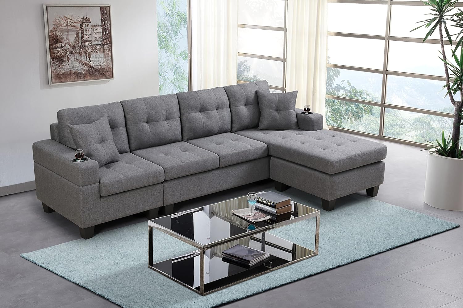 Sofá modular moderno en forma de L, sofá tapizado de tela con diván reversible y 2 portavasos, para sala de estar pequeña, color gris