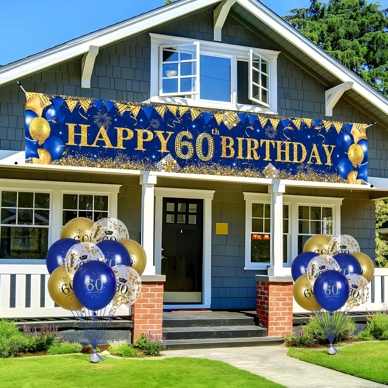 Globos de decoración de cumpleaños n. 60 en color azul dorado para hombres y mujeres, azul marino y dorado para fiesta de cumpleaños n. 60, pancarta