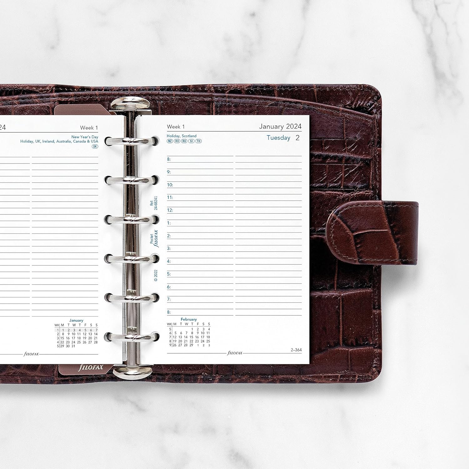 Filofax Calendario de recambio de diario, tamaño de bolsillo, día en una página con citas, a rayas, papel blanco, inglés, 2024 (C68241-24)