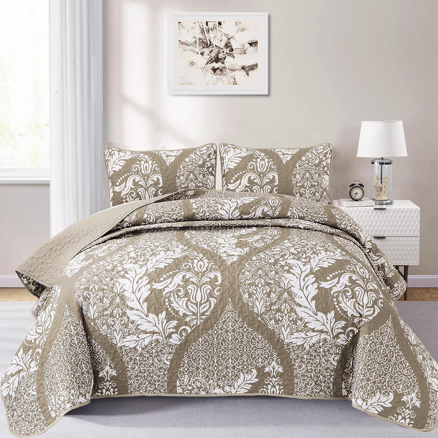 Juego de edredón beige tamaño Queen, juego de colcha bohemia de damasco tostado, juego de ropa de cama de lujo de microfibra suave y ligera de 3