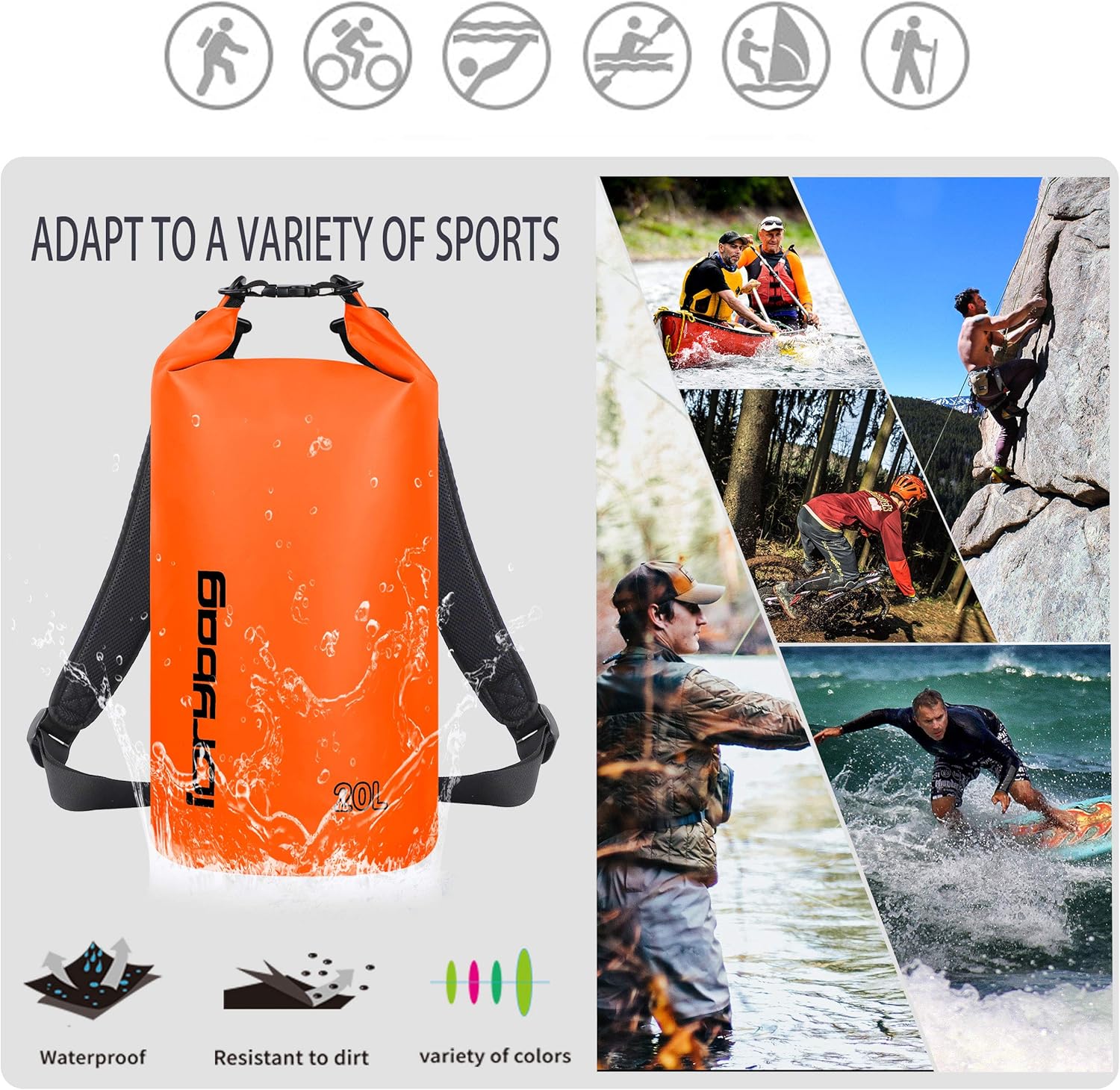 IDRYBAG Bolsas secas para kayak impermeables 2L5L10L15L20L, pequeña bolsa seca impermeable flotante, bolsa impermeable para viajes de paddleboarding