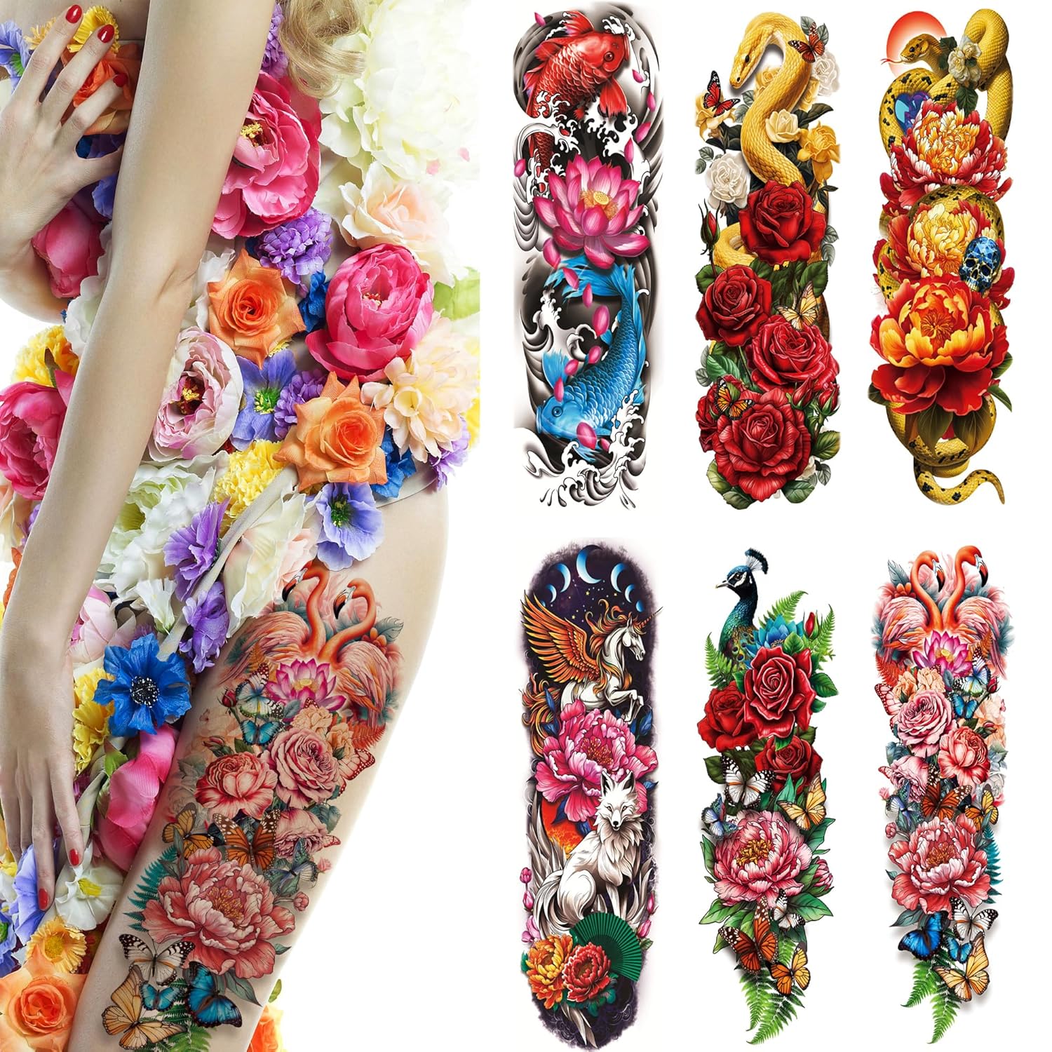 Kotbs 6 hojas de tatuajes temporales, flores de brazo completo, pez dorado, serpiente, tatuajes falsos para adultos y hombres, fundas de tatuaje