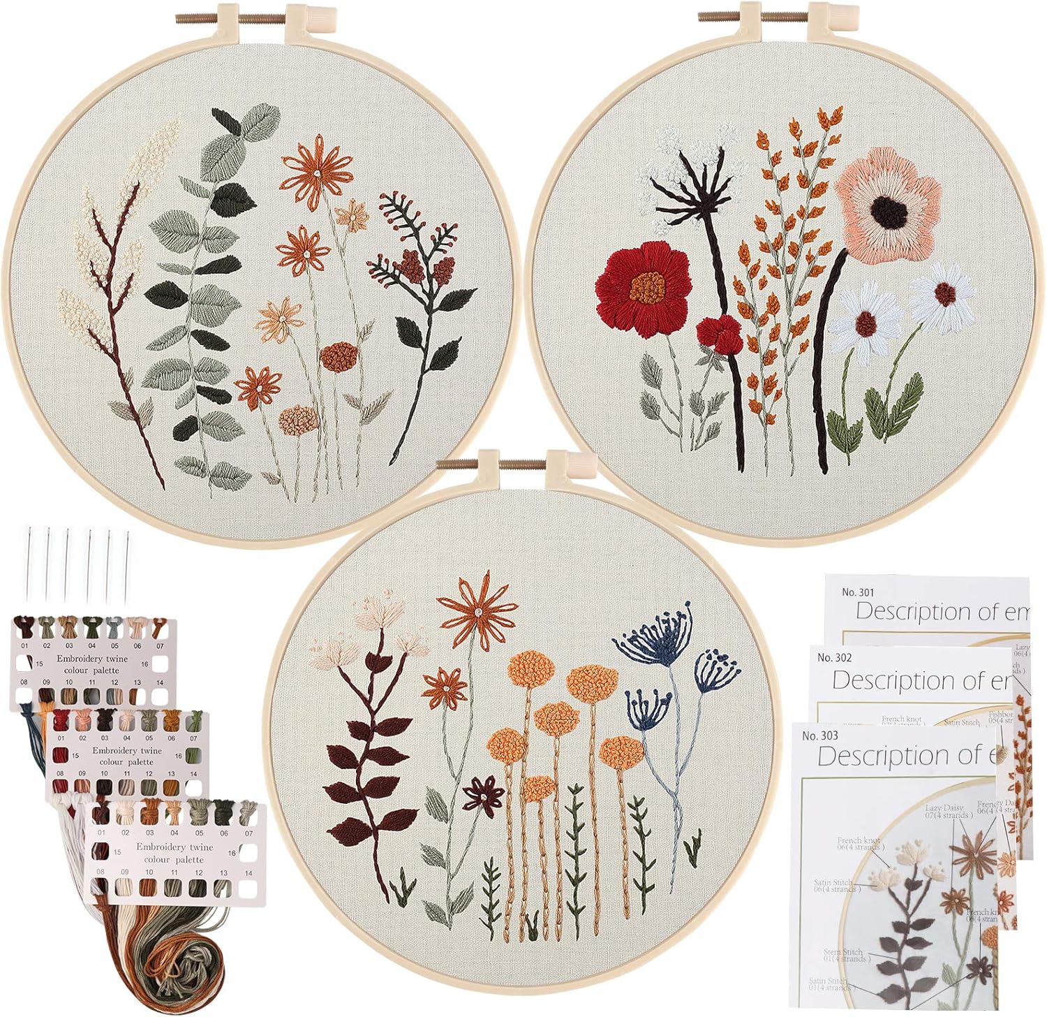 Uphome Paquete de 3 kits de bordado para principiantes con estampado de punto de cruz con bonitos patrones de flores y plantas con 1 aro de bordado