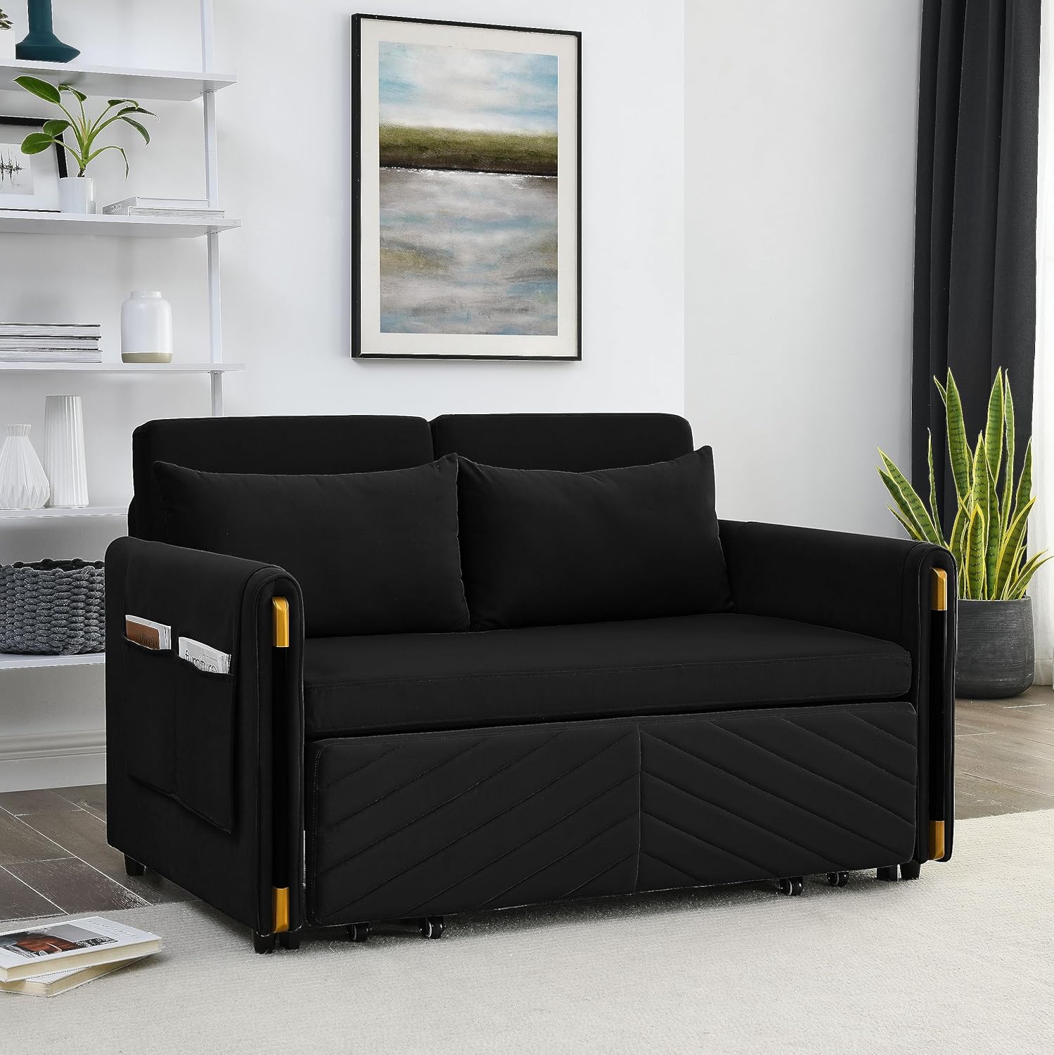 Moderno sofá cama convertible con 2 bolsillos desmontables en los brazos, sofá biplaza de terciopelo ajustable multiposición con cama extraíble con