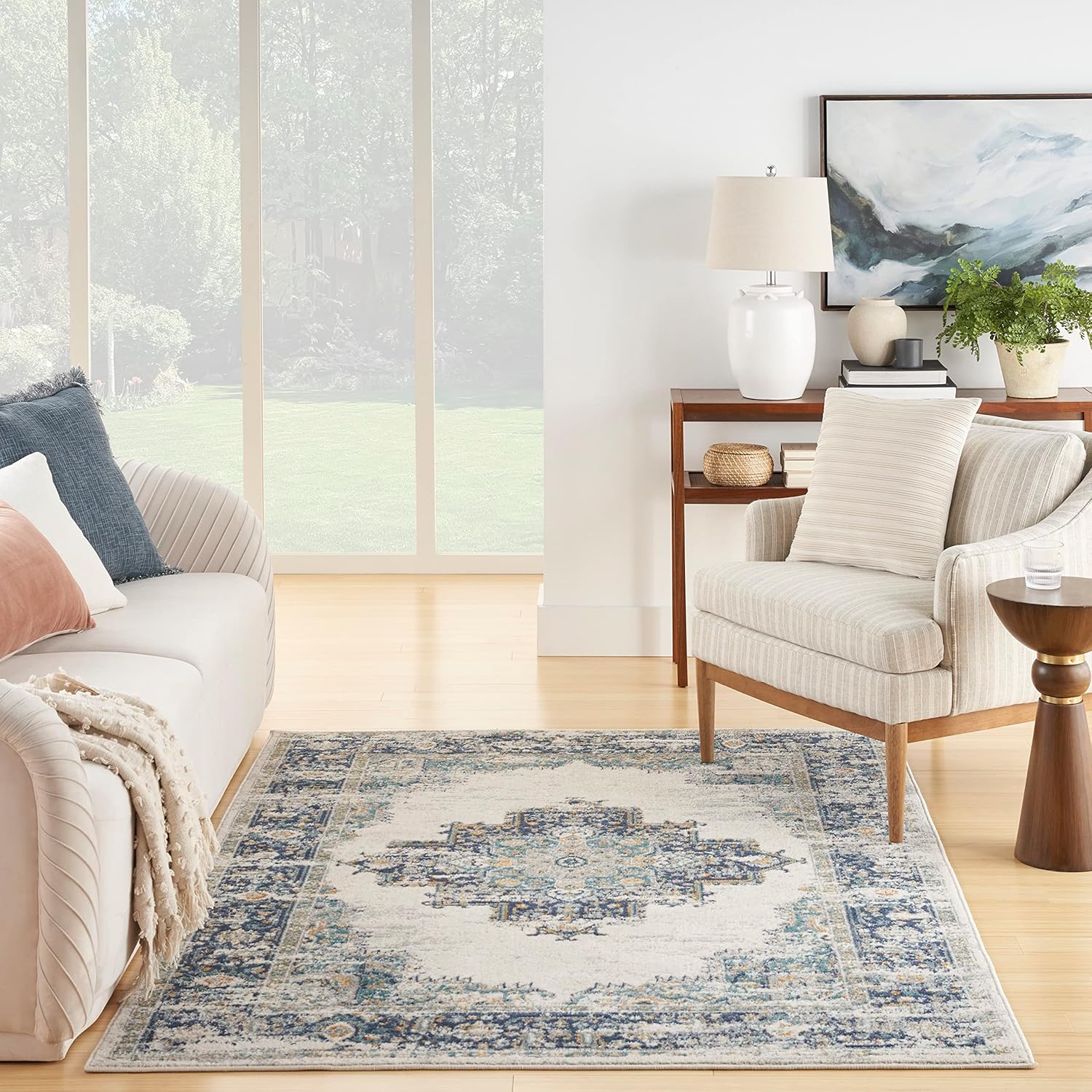 Nourison Passion Alfombra persa, marfilgrisazul, de 5 pies 3 pulgadas x 7 pies 3 pulgadas, fácil de limpiar, no desprende pelo, para habitación,