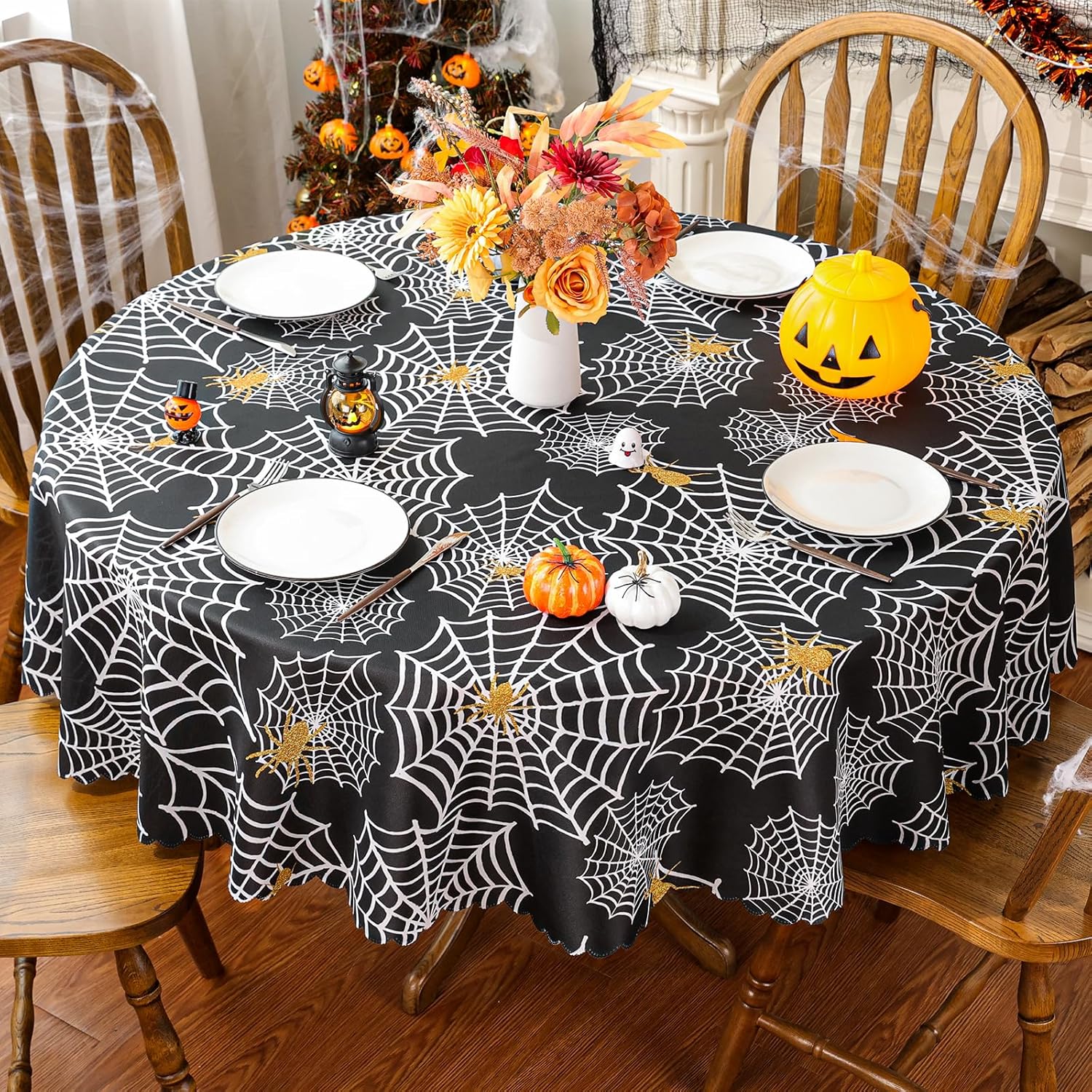 Mantel redondo de Halloween de 70 x 70 pulgadas, decoraciones de Halloween para el hogar, patrón de telaraña, decoración de Halloween, mantel de