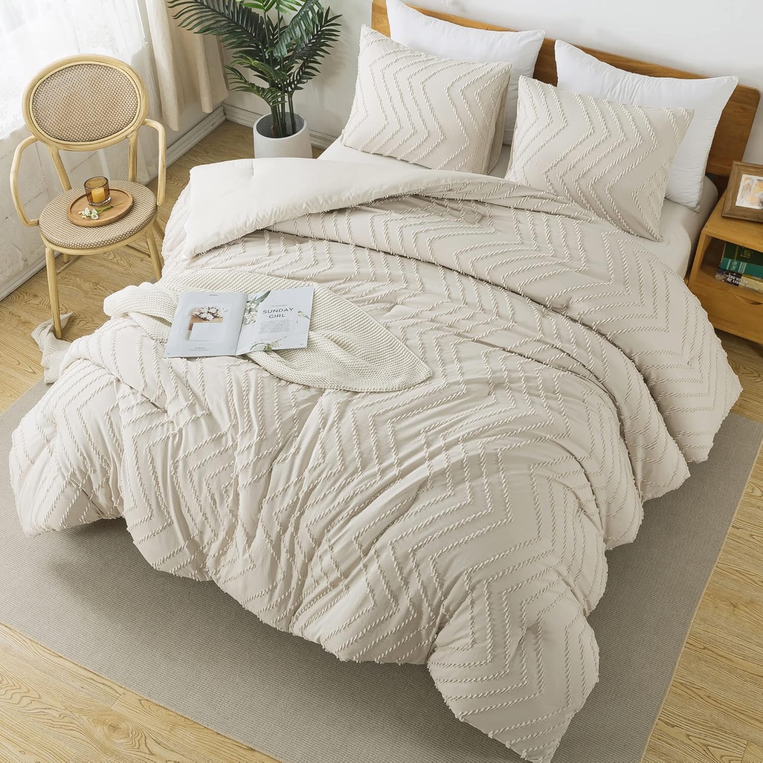 Litanika Juego de edredón de tamaño matrimonial, color beige, bohemio, ligero, esponjoso, juego de ropa de cama para cama, juego de cama de 3 piezas