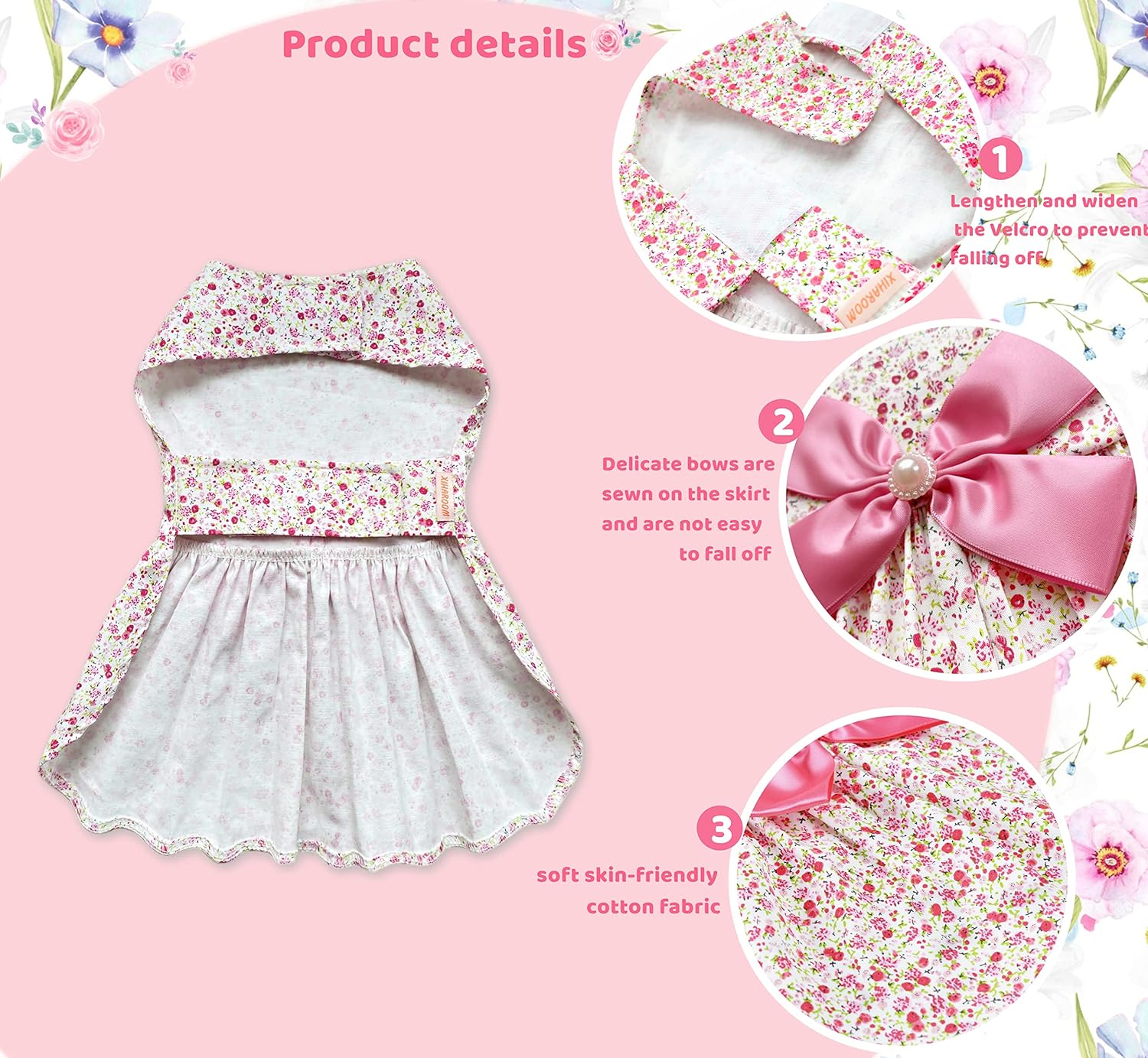 Vestido veraniego de estampado floral y moño para gatas o perritas pequeñas