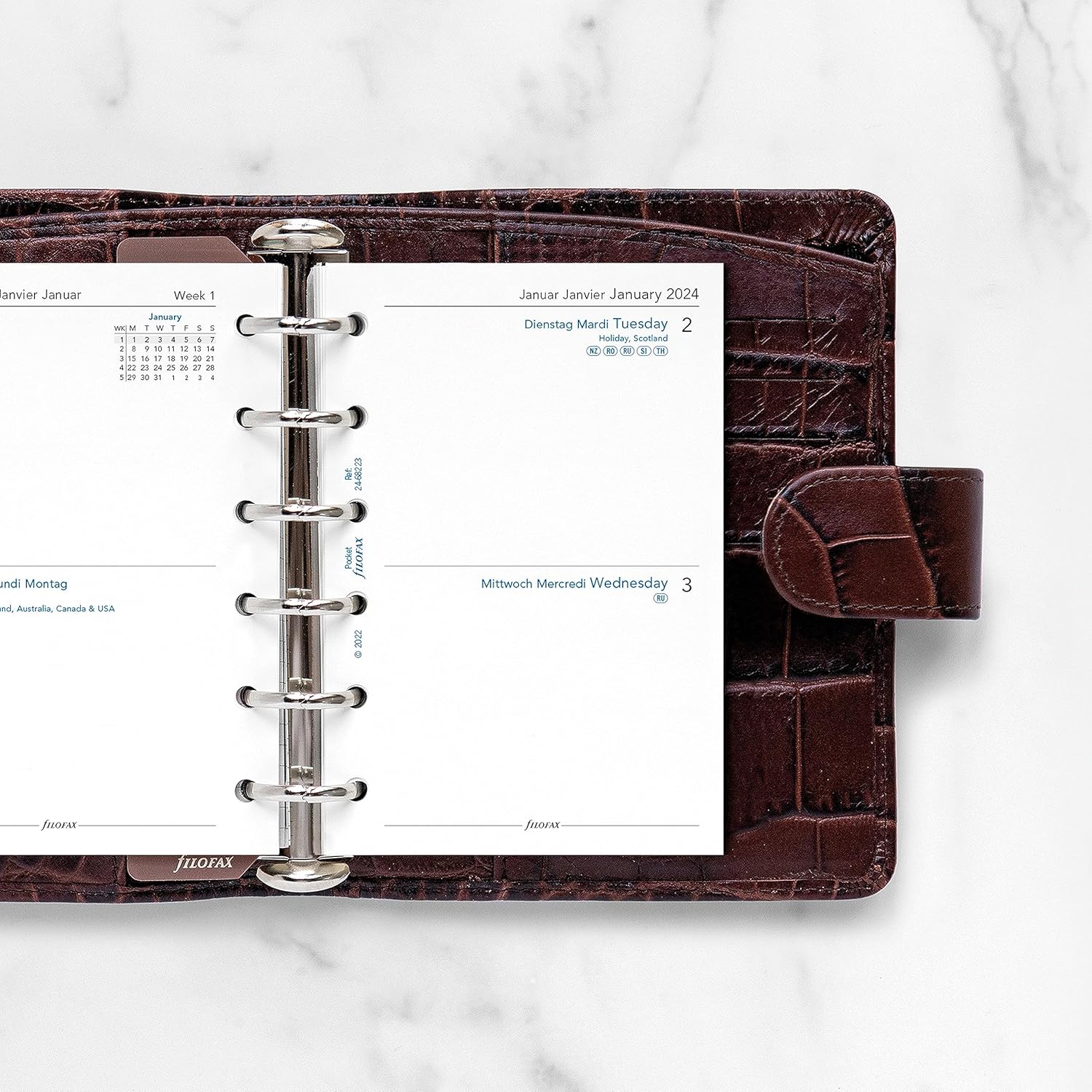 Filofax Recambio de diario de calendario, tamaño de bolsillo, dos días en una página, papel blanco, sin rayas, trilingüe, 2024 (C68223-24)