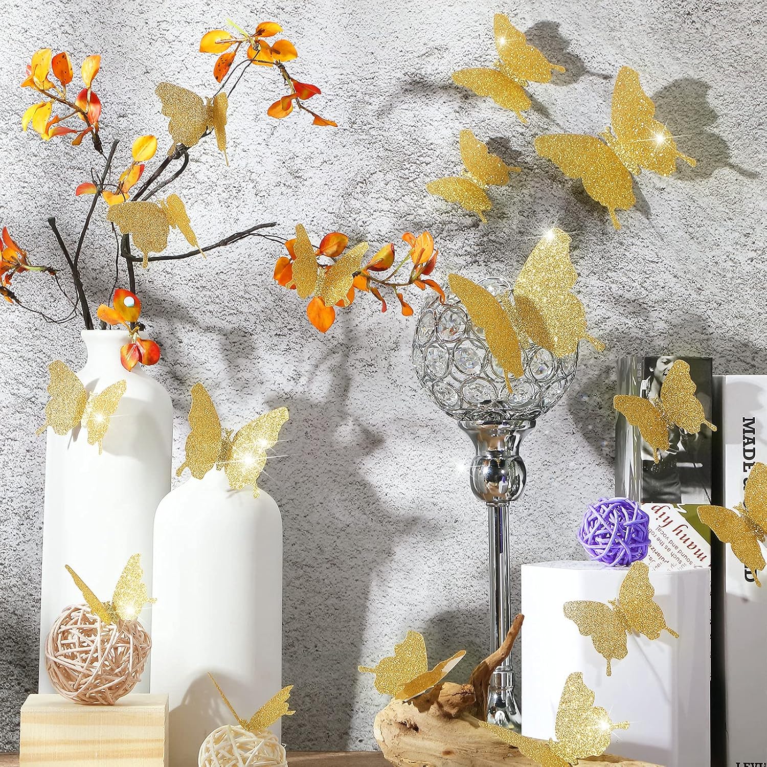 48 piezas de decoración de pared de mariposa, espejo de bricolaje, calcomanías de mariposa 3D, calcomanías de mariposa extraíbles para el hogar,