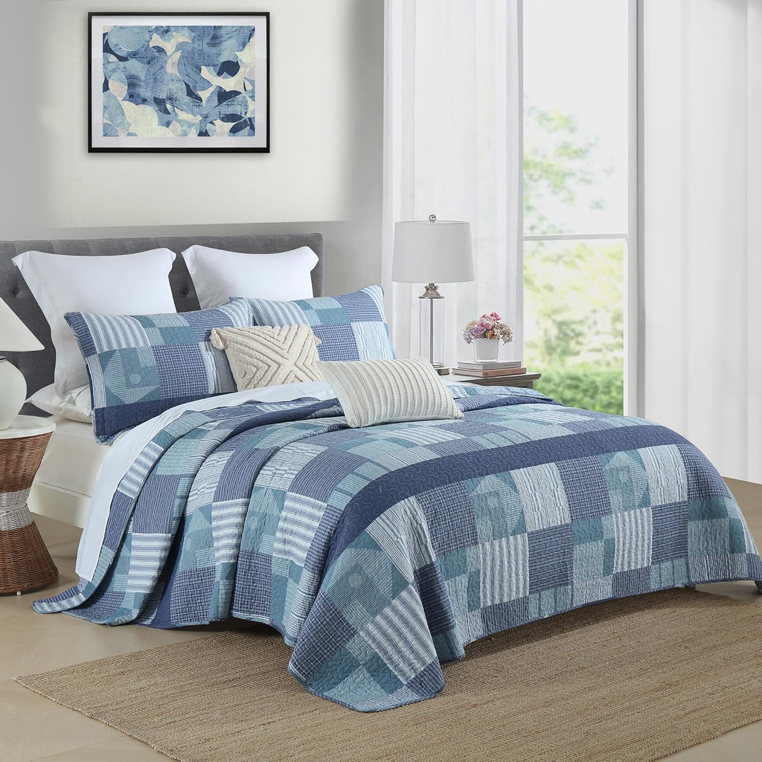 Homzard Juego de edredón de tamaño Queen – Juego de edredón 100% algodón a cuadros azules, juego de ropa de cama tamaño Queen, colcha ligera de