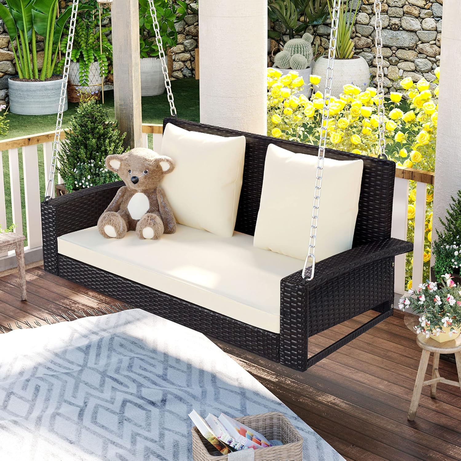 Silla columpio para patio al aire libre para 2 personas con cadenas de acero, sofá biplaza colgante tejido de ratán al aire libre con cojín y