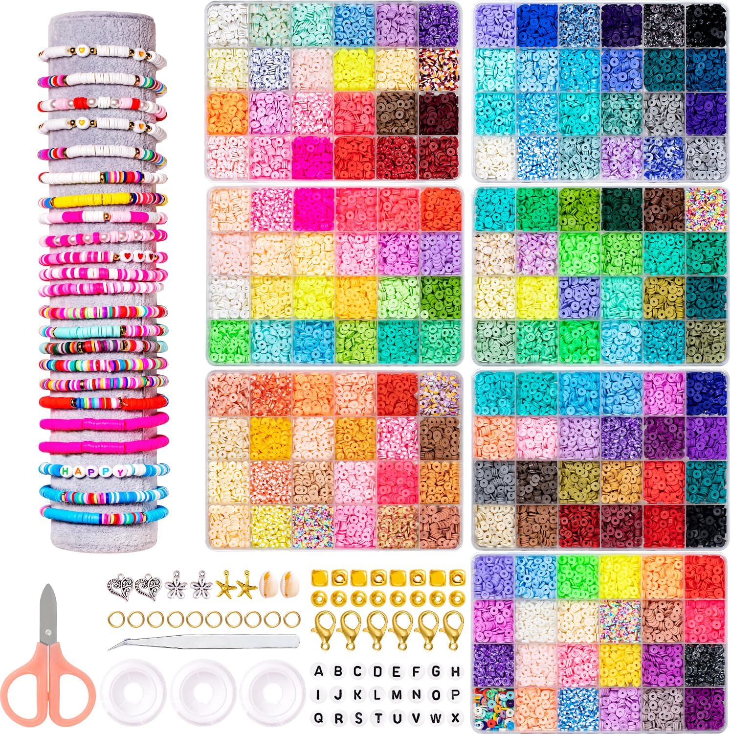 Ybxjges Kit de 22400 cuentas de arcilla para hacer pulseras, kit de cuentas de arcilla polimérica de 168 colores, cuentas heishi planas para niñas