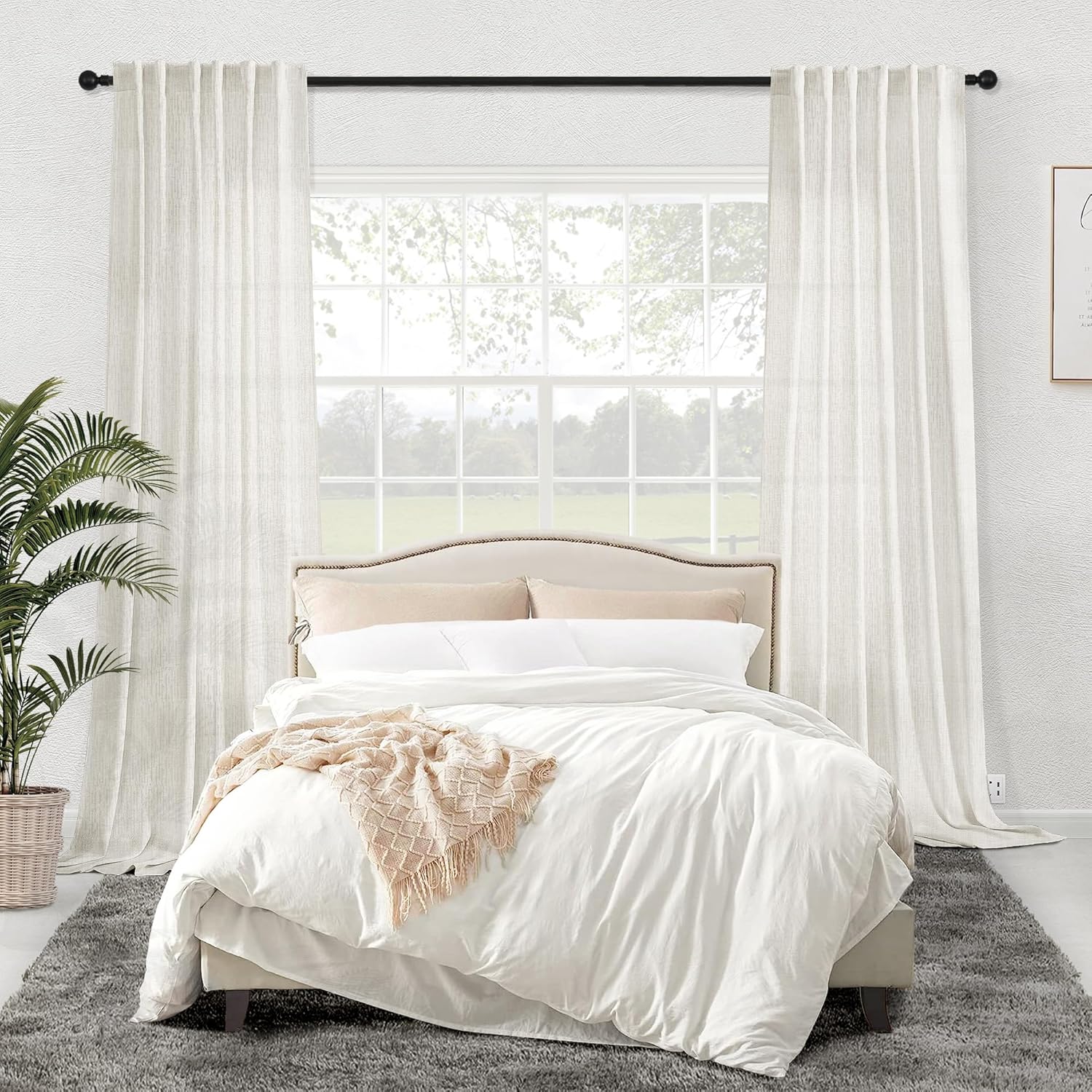 Cortinas de lino natural con pestaña trasera de 72 pulgadas de largo para sala de estar, dormitorio, juego de 2 paneles de filtrado de luz,