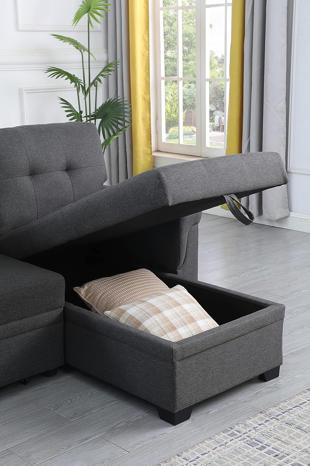 Sofá cama modular convertible en forma de L de 84 pulgadas con diván de almacenamiento y cojines copetudos, sofá esquinero reversible tapizado de