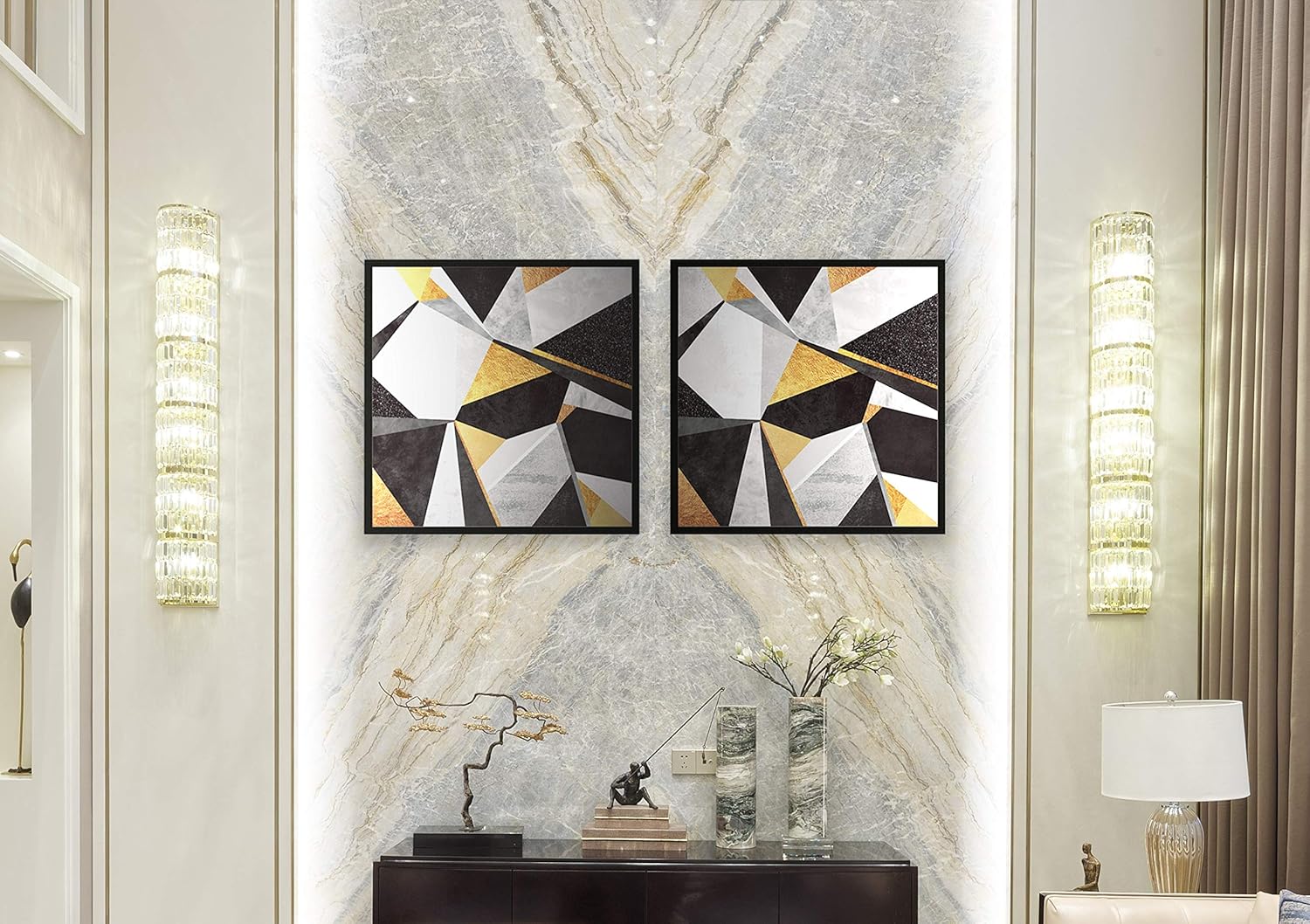 Chic Home Decor Geo France – Juego de 2 piezas de lienzo enmarcado envuelto para pared, arte de pared con estampado giclée moderno, patrón de mármol