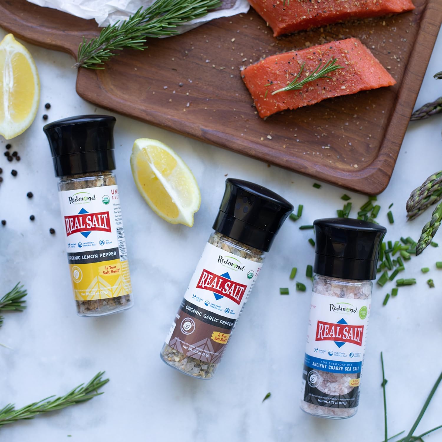 Redmond Sal marina real – Natural sin refinar sin gluten, sal gruesa con molinillo grueso (pimienta de limón, ajo, y original)
