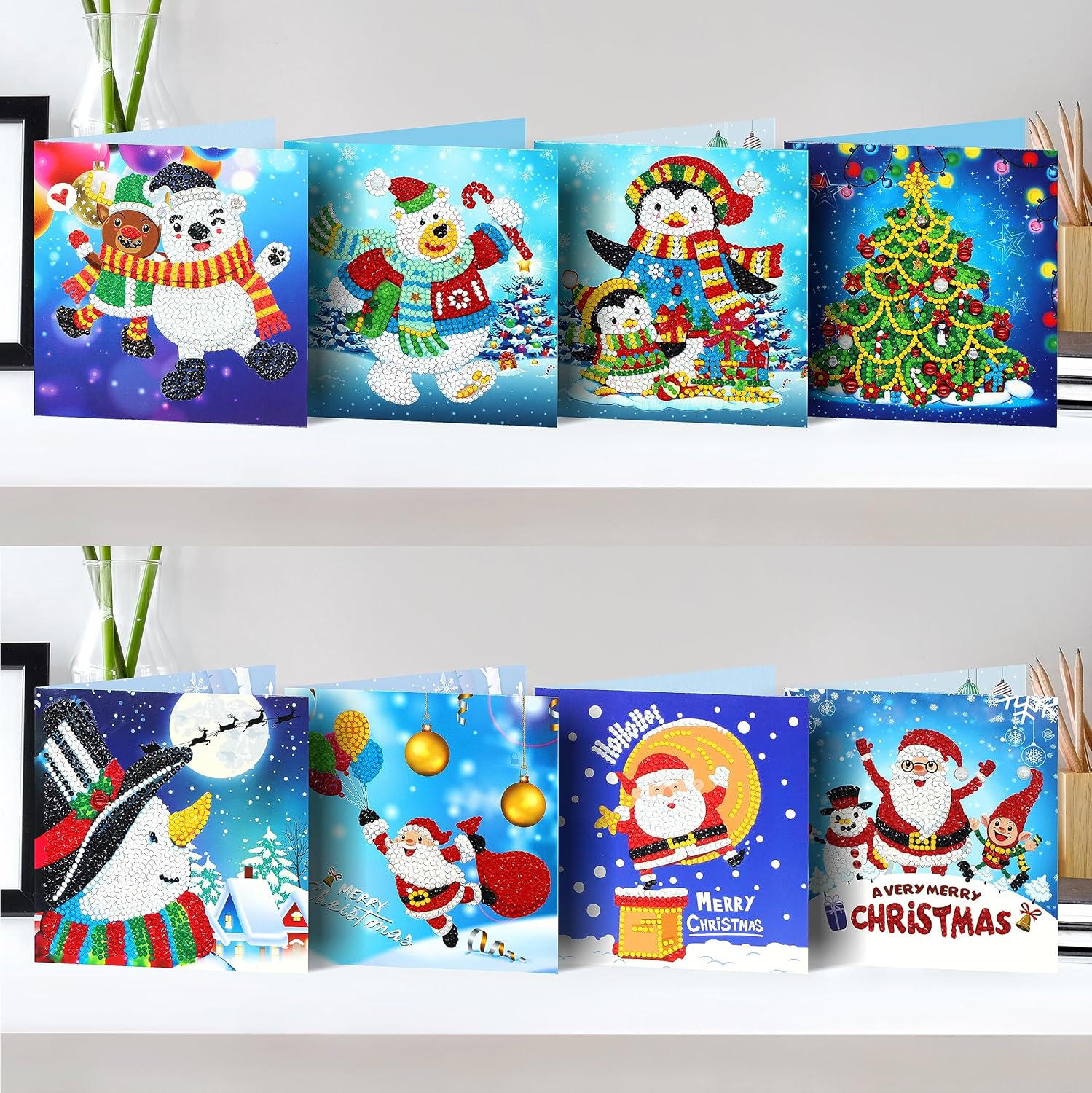 pigpigboss Paquete de 8 tarjetas de felicitación con pintura de diamantes, árbol de Navidad, muñeco de nieve, tarjetas de pintura de diamantes de