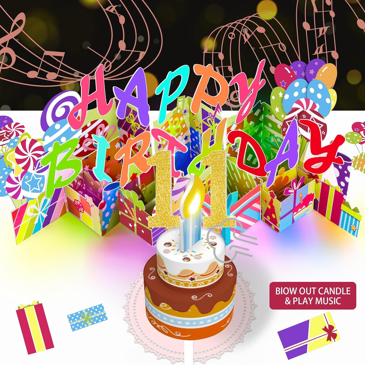 Gumry Tarjeta de cumpleaños número 11, tarjeta desplegable de cumpleaños musical soplable con luz LED, canción “Happy”, decoraciones de cumpleaños