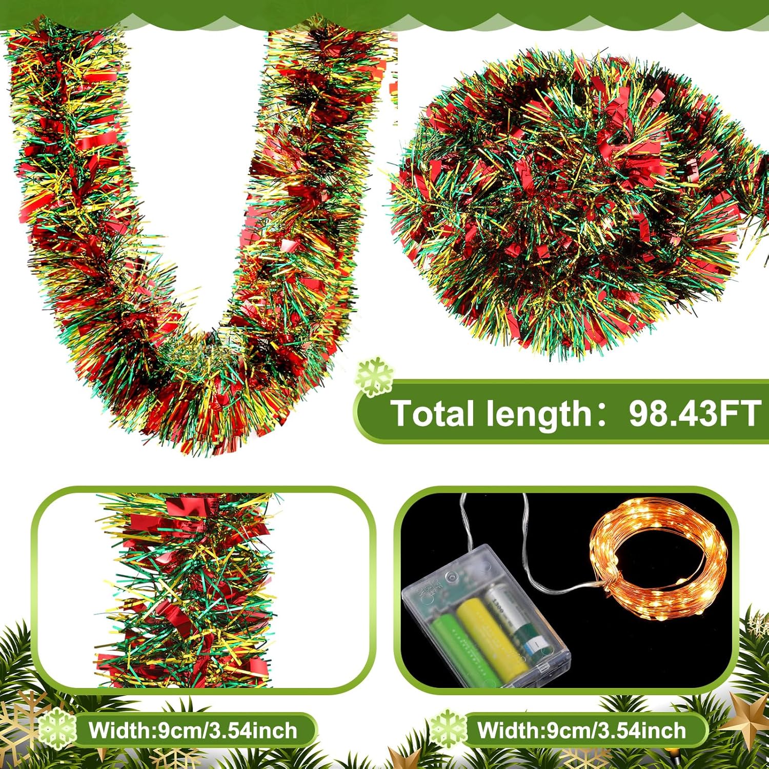 Guirnalda de oropel preiluminada de Navidad de 98.4 pies con tira de luces LED, guirnalda de Navidad para colgar guirnalda de Navidad para árbol de