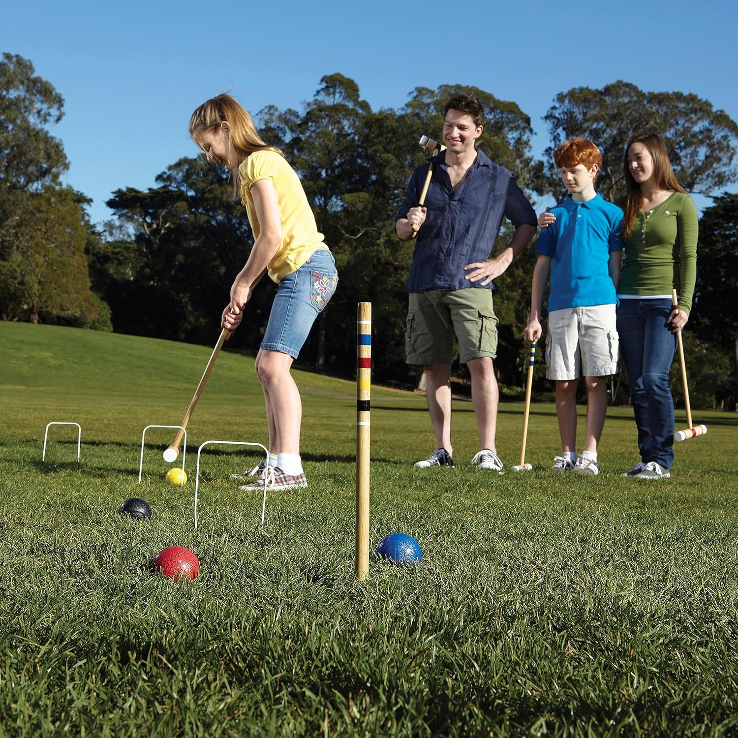 RHQNG Juego de croquet -28IN 6 jugadores de mazos de madera para niños y adultos, diversión familiar al aire libre juego deportivo de jardín –