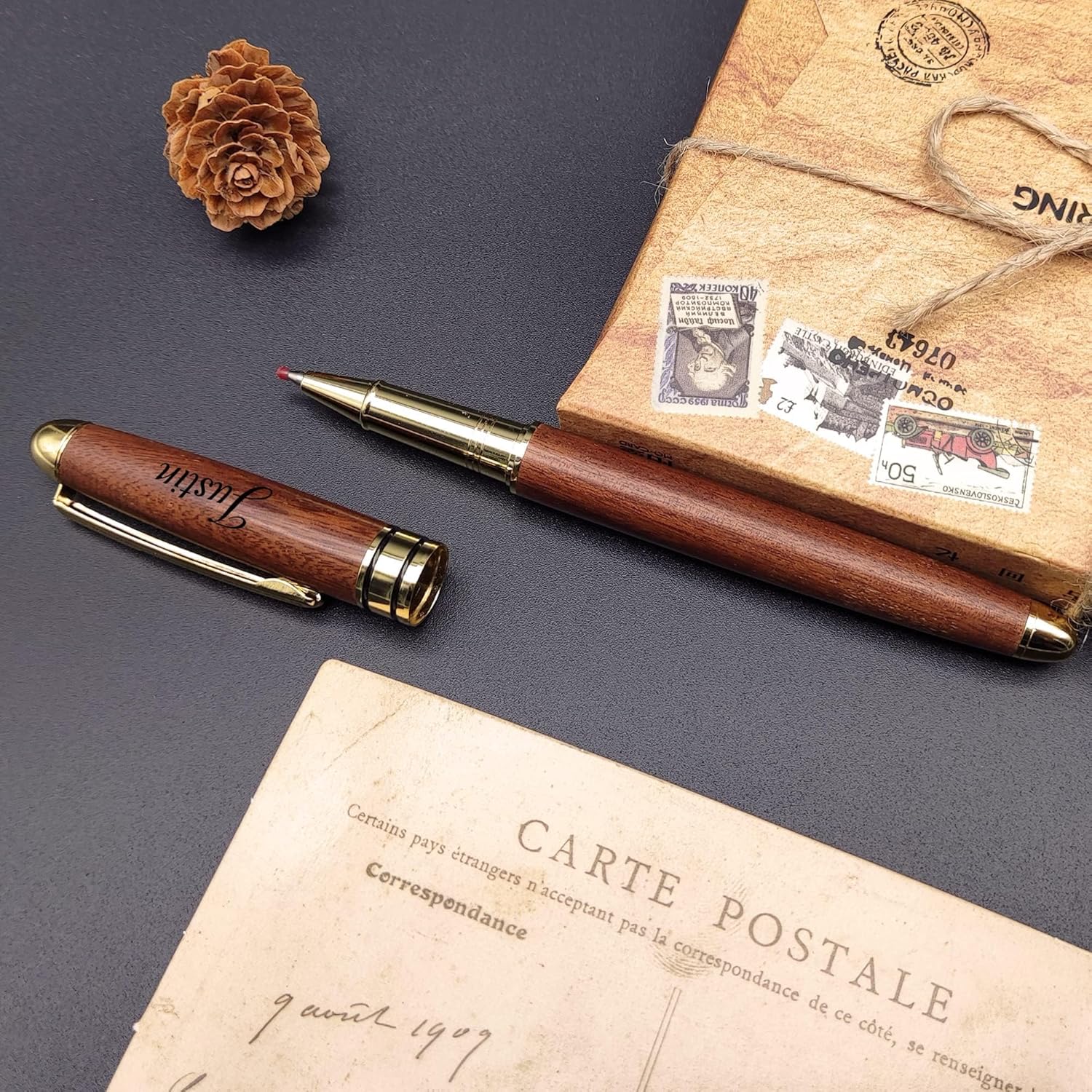Bolígrafo de acción de perno personalizado, grabado gratis de madera + bolígrafo de metal con 2 repuestos, regalos personalizados para Navidad, día