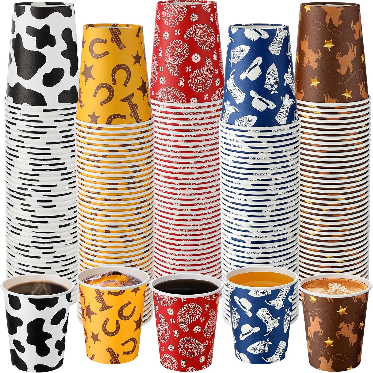 Yaomiao 200 vasos de papel desechables para fiesta de vaquero occidental, a granel, 9 onzas, vasos de papel desechables para café, suministros para