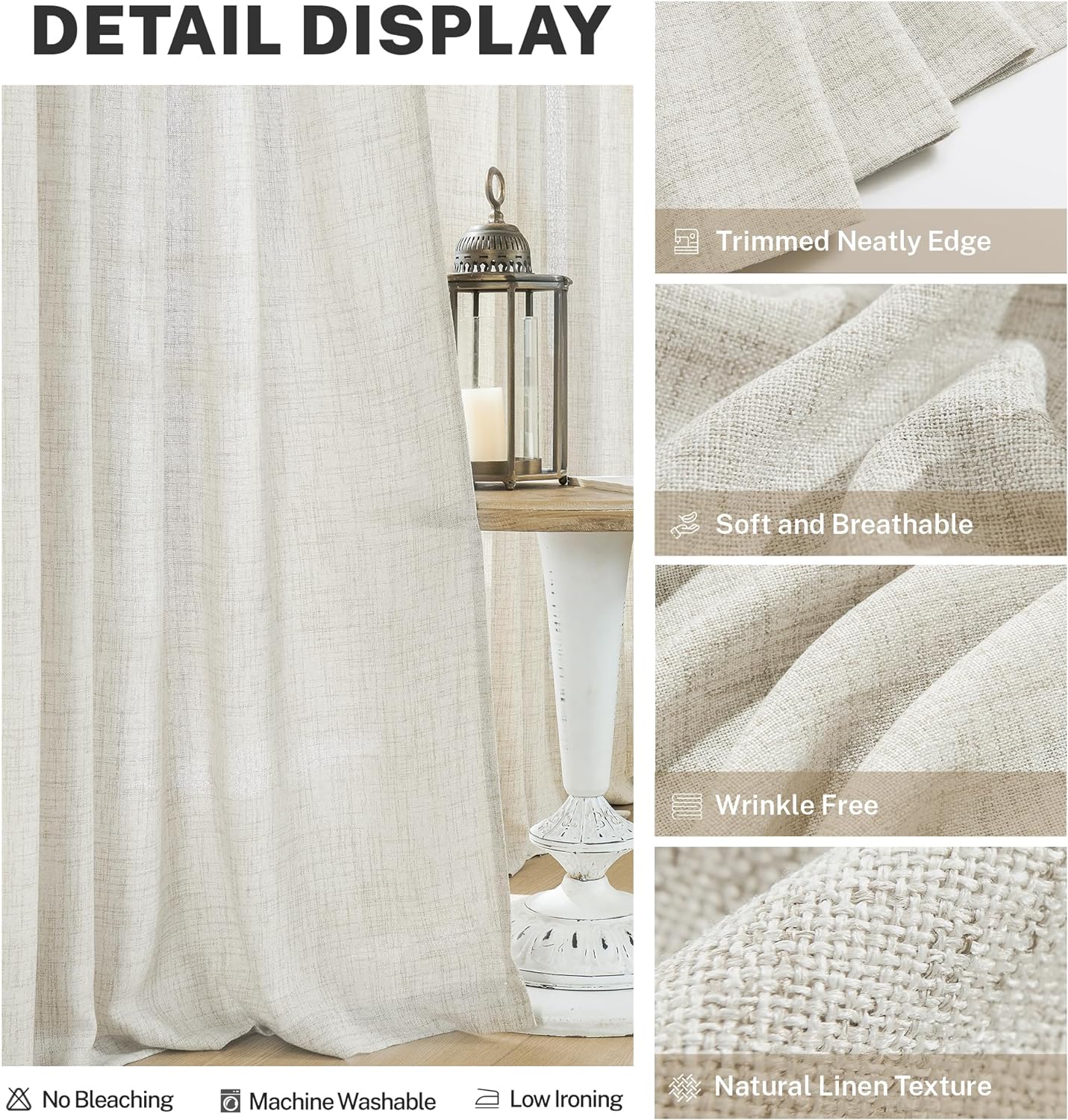 MEETBILY Cortinas traslúcidas de lino natural de 102 pulgadas de largo para sala de estar, juego de 2 paneles con bolsillo con pestaña trasera,