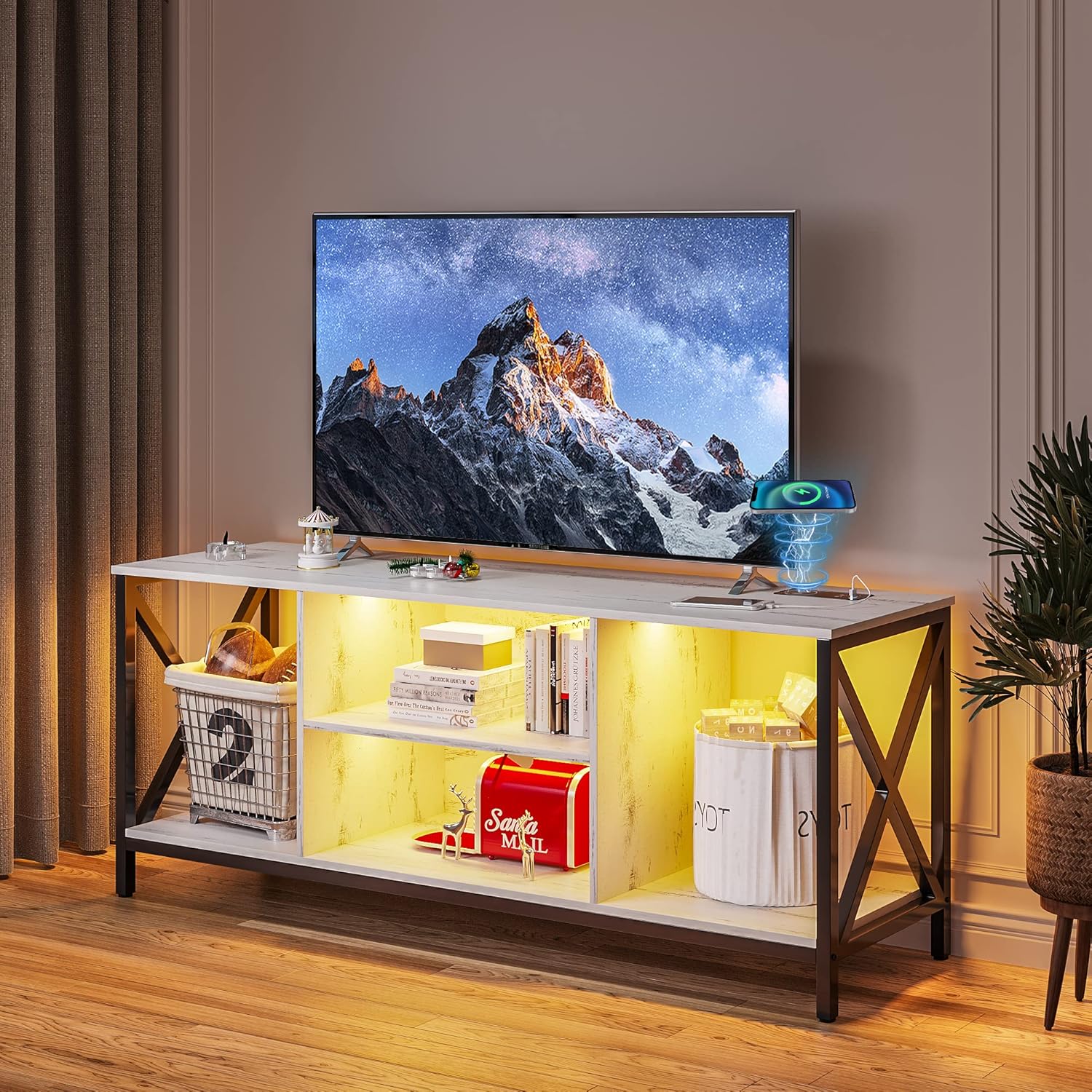 HNEBC Soporte de TV LED blanco con estación de carga USBinalámbrica, soportes de televisión con inducción automáticaluces LED ajustables, soporte de