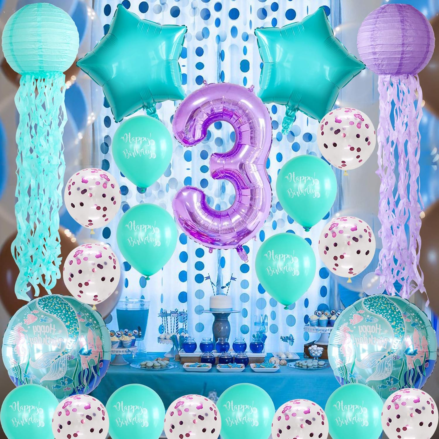 ADLKGG – Decoración de sirena púrpura para fiesta de cumpleaños, faroles de papel de medusas colgantes, globos de papel para Primera fiesta de
