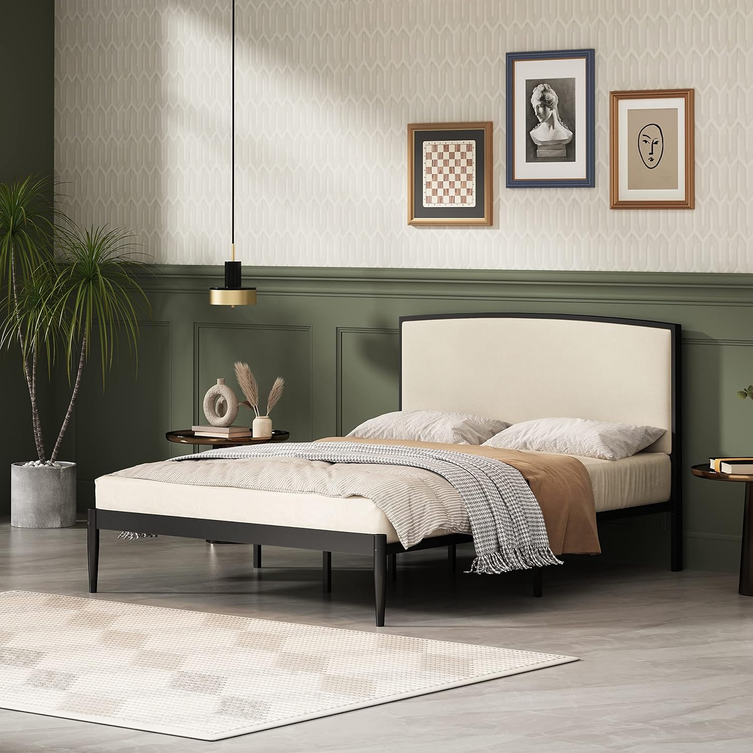 YUHUASHI Base de cama de metal con plataforma, diseño simple, cabecera curvada cubierta de lino, marco y pie de metal, fácil de montar y silencioso