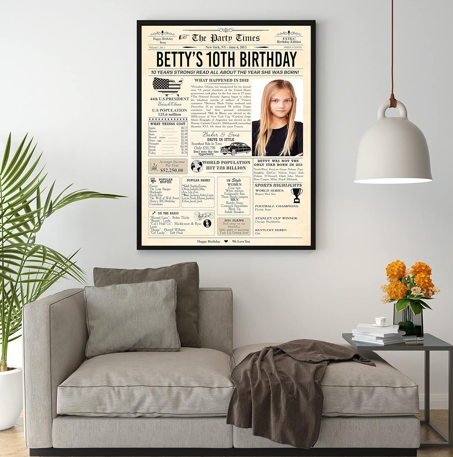 Regalos personalizados de cumpleaños número 10, decoración de fiesta para niños, niñas, hijo, hija, niños, decoración de póster de periódico vintage