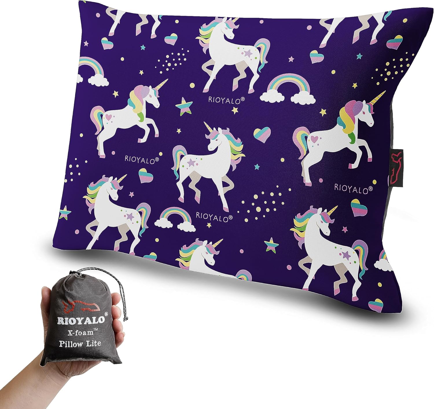 X-Foam Kids – Almohada inflable para acampar con funda de espuma extraíble para niñas  Unicornio  Cómodo, lavable, ultraligero y portátil