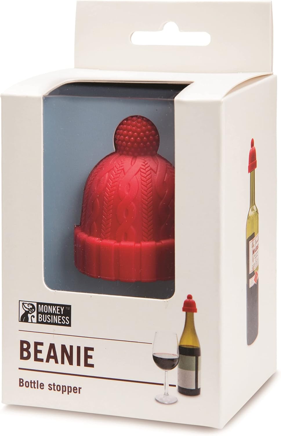 Monkey Business Beanie – Tapón de vino  Paquete individual rojo  Bonitos accesorios de vino  Divertidos accesorios de cocina  Tapones de vino para