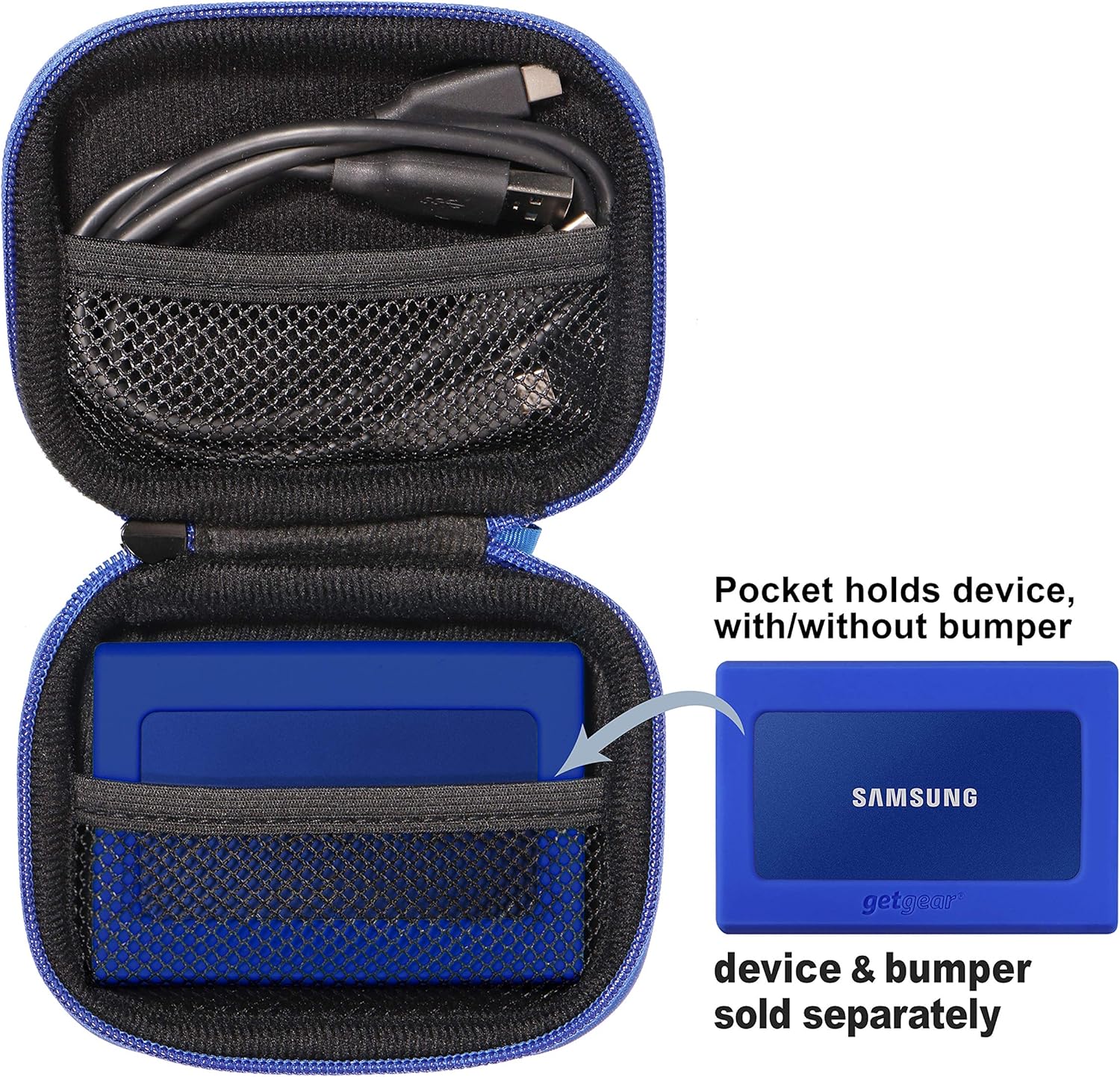 getgear Funda práctica para Samsung T7 Touch SSD portátil, T5, lector de tarjetas, concentrador USB, hub tipo C, hub HD, bolsillos de malla, correa