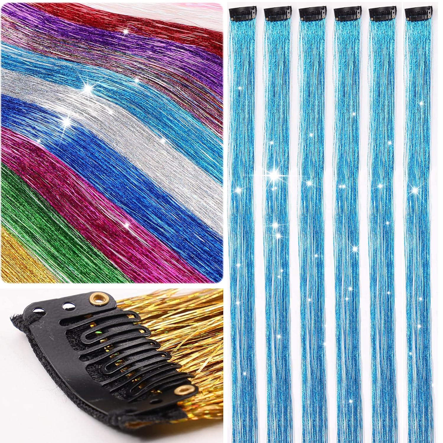 Pelo de oropel azul cielo de 24 pulgadas, resistente al calor, con clips, extensiones de oropel con purpurina, para Navidad, Año Nuevo, muy lindo