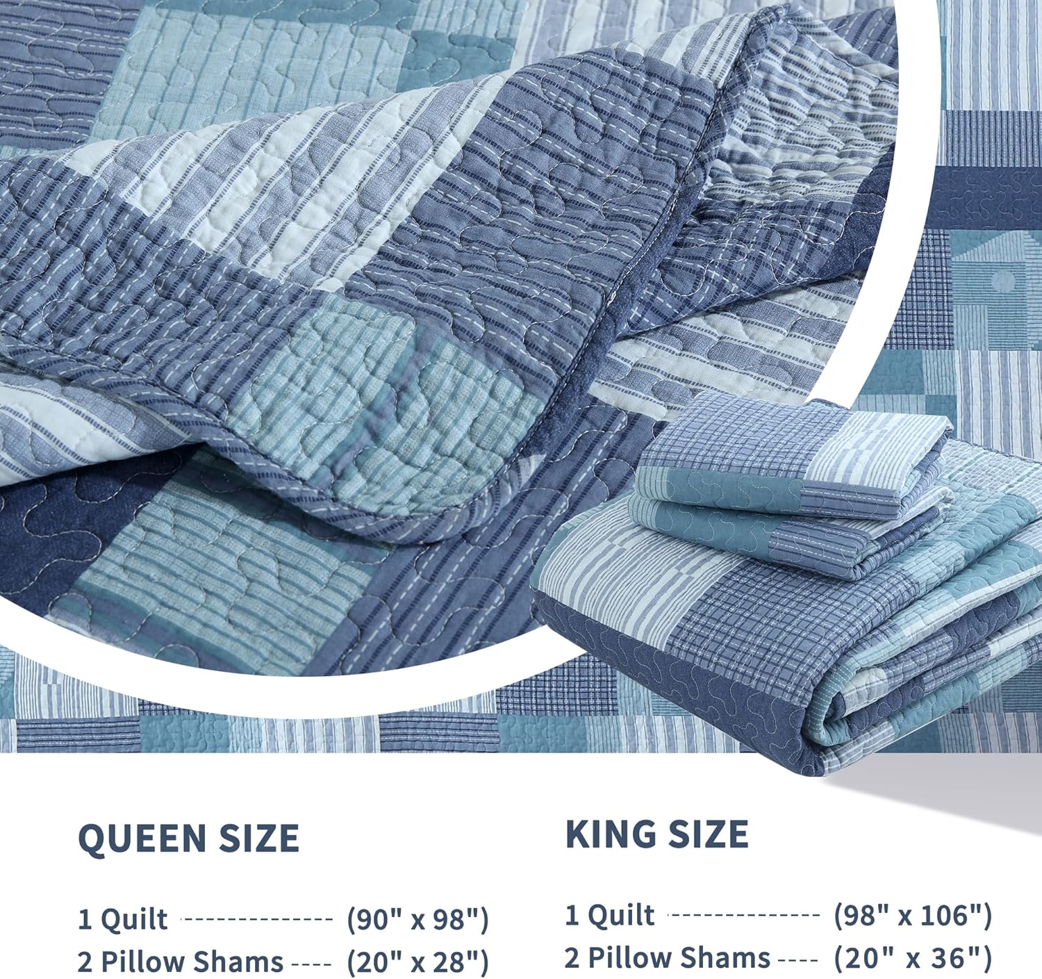 Homzard Juego de edredón de tamaño Queen – Juego de edredón 100% algodón a cuadros azules, juego de ropa de cama tamaño Queen, colcha ligera de