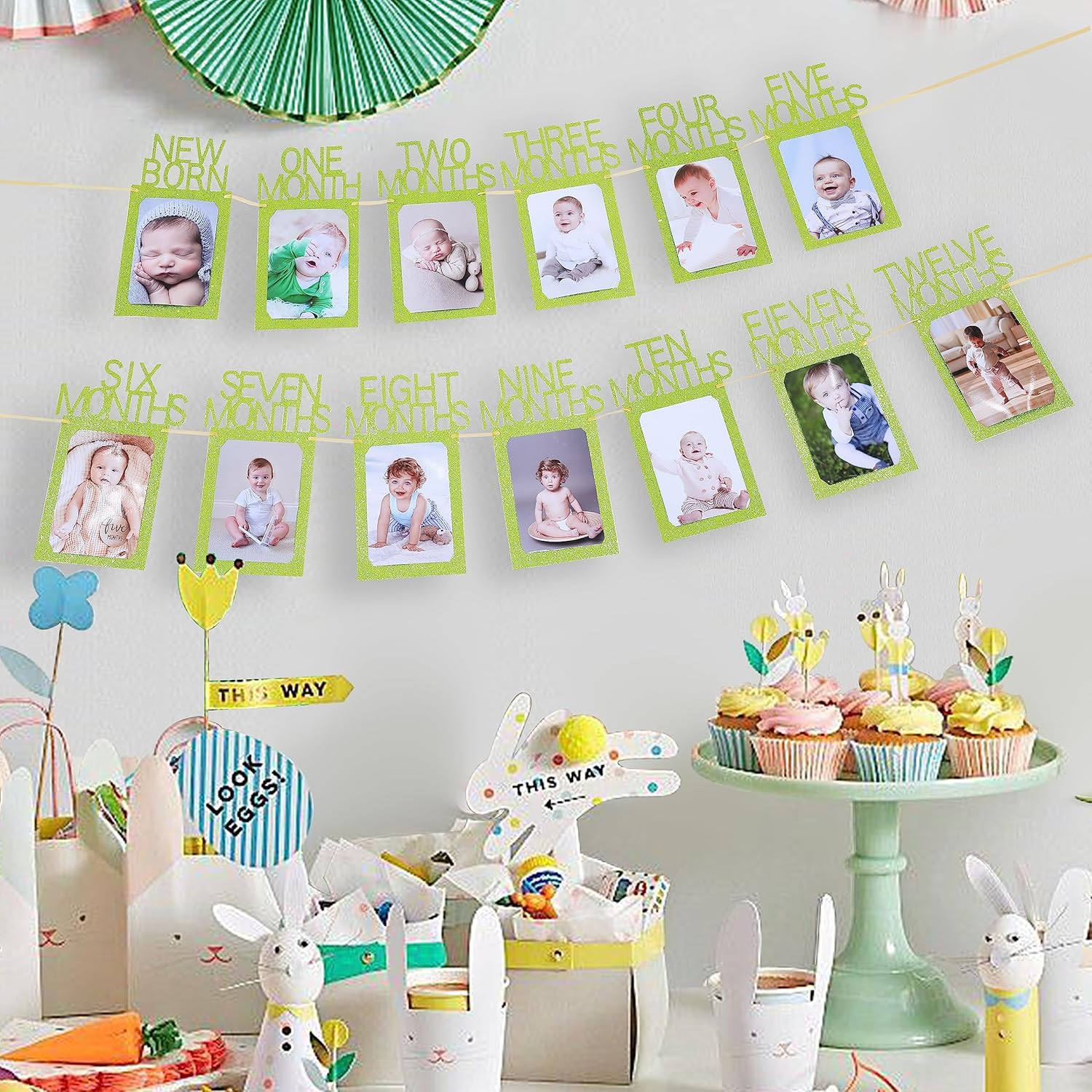 Cartel de fotos de primer cumpleaños para decoración de bebé verde desde recién nacido hasta 12 meses niño niña salvaje