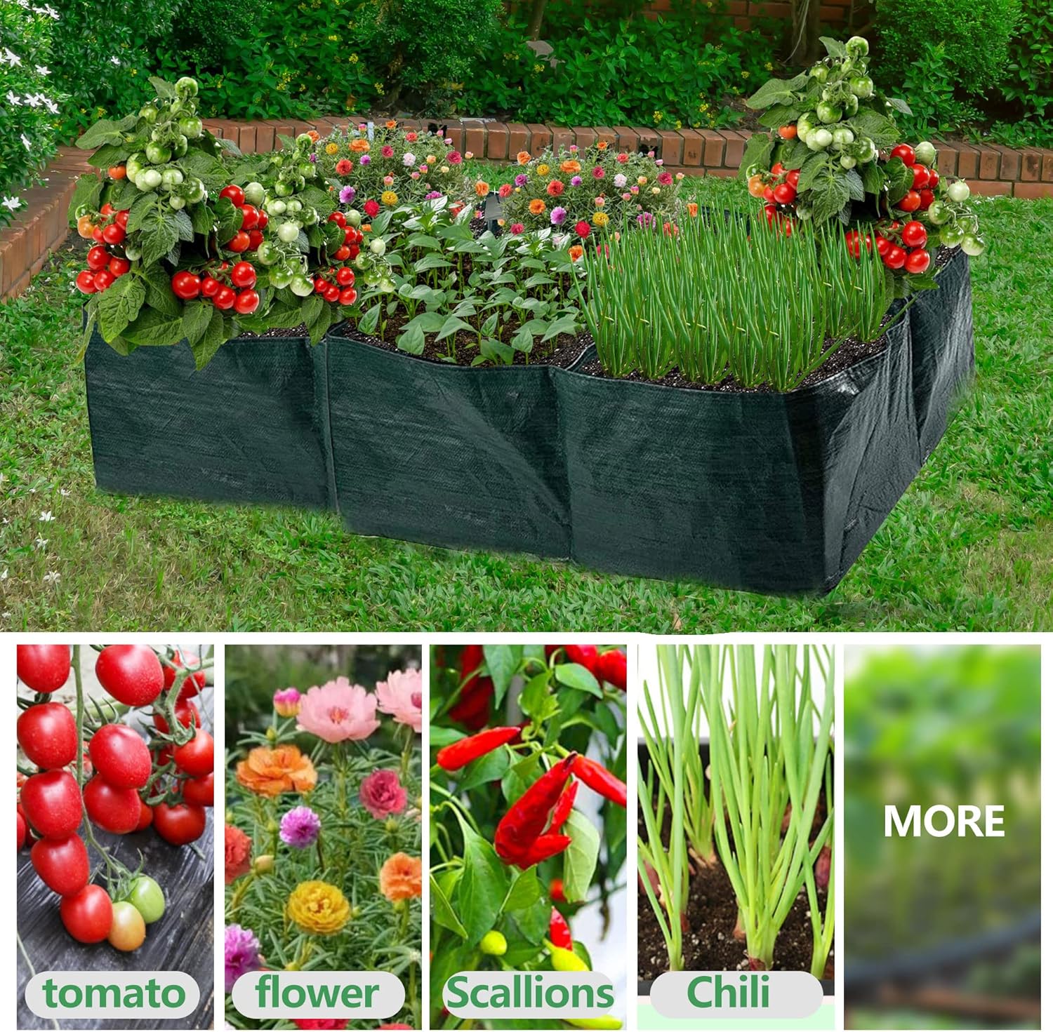 Cama de jardín elevada de tela, bolsas de cultivo de jardín con 3 rejillas divididas, macetas cuadradas de polietileno con agujeros de drenaje,