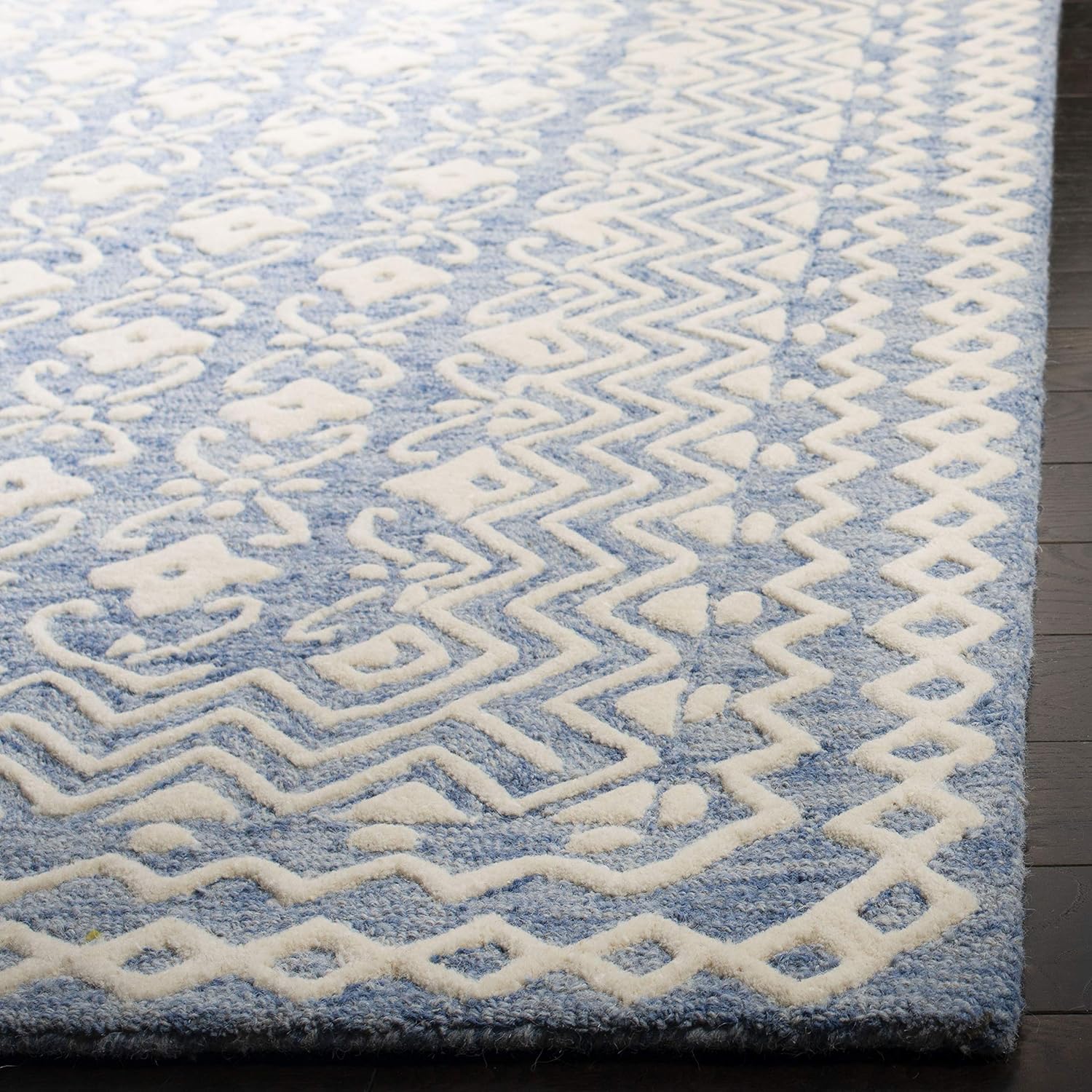SAFAVIEH Blossom Collection BLM114M – Alfombra de lana prémium hecha a mano de 8 x 10 pies, azulmarfil