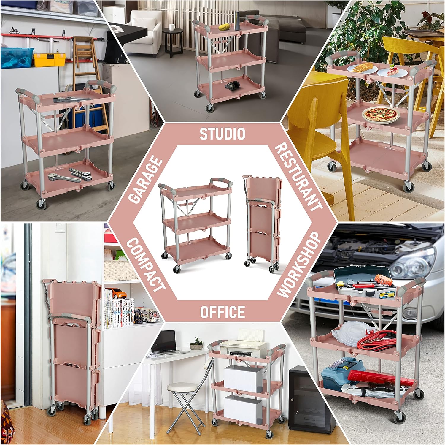 Olympia Tools Carrito de servicio plegable N Roll de 89-350, capacidad de 150 libras, 3 niveles, rosa