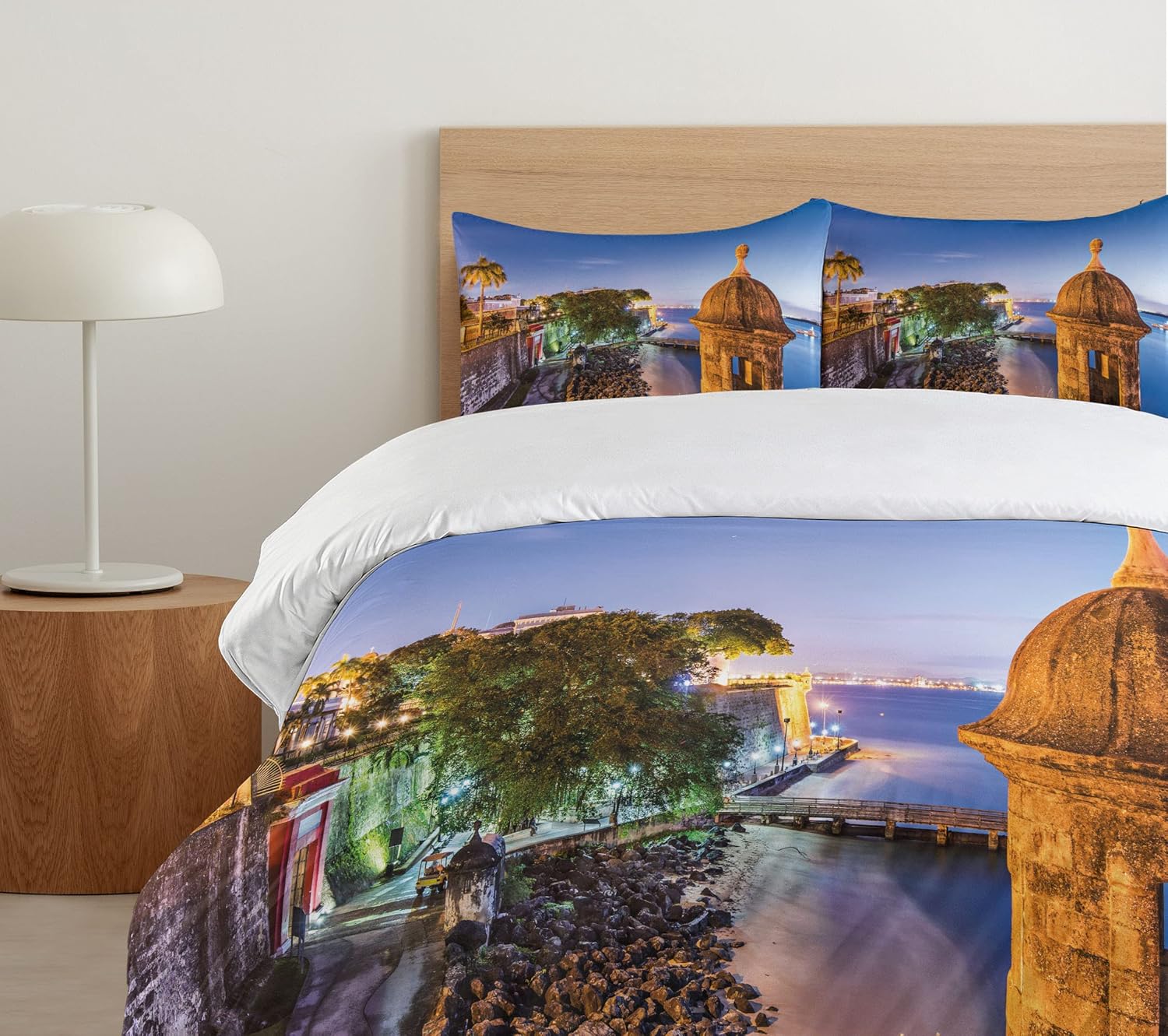 Lunarable Puerto Rico Duvet Cover Set, Coast at Paseo de la Princesa Retro Style Architectural Elements Photography, Decorative 3 Piece Bedding Set